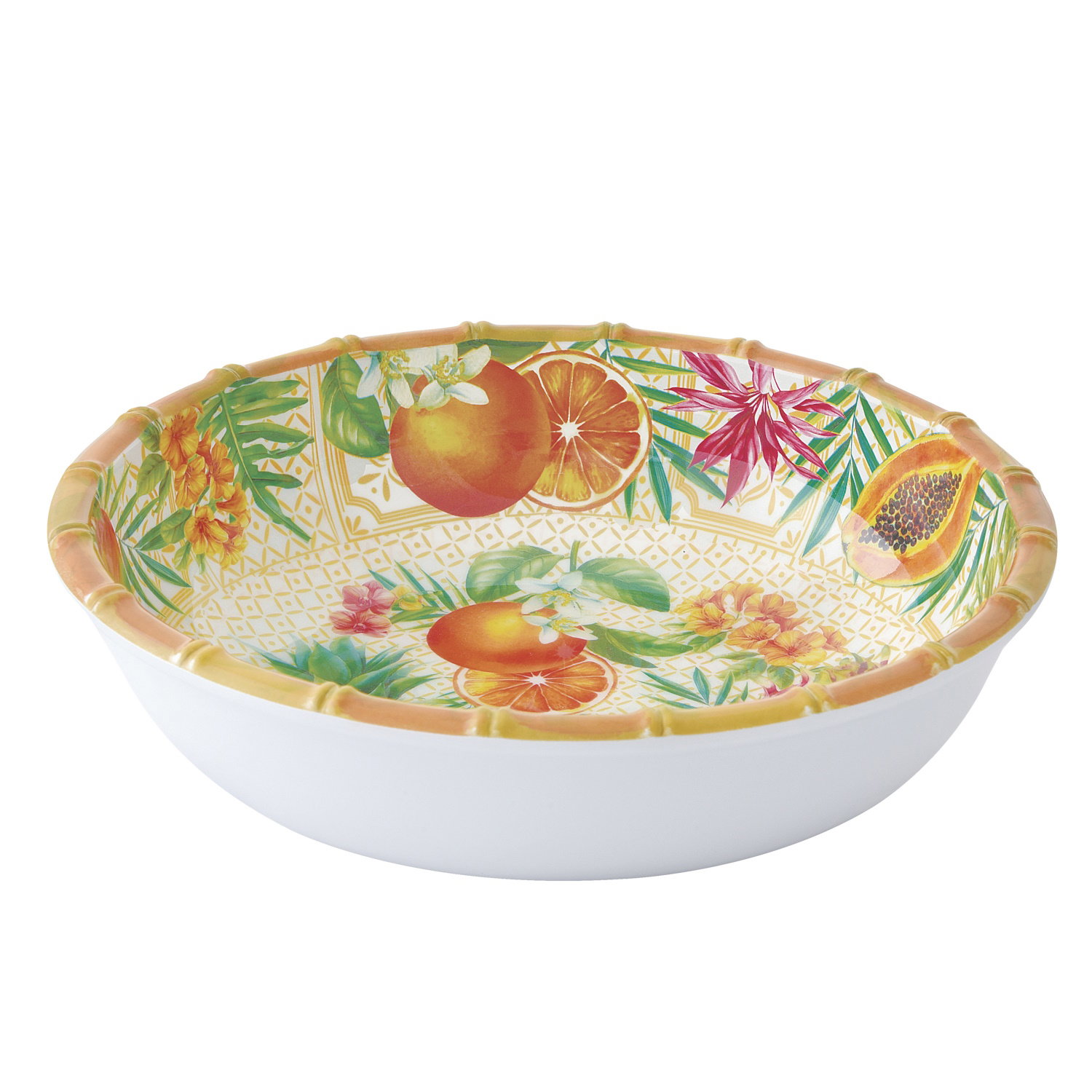 Schüssel mit buntem, fruchtigem Dekor und einem Rand in Bambusoptik. Innen sind Orangen, Papaya und