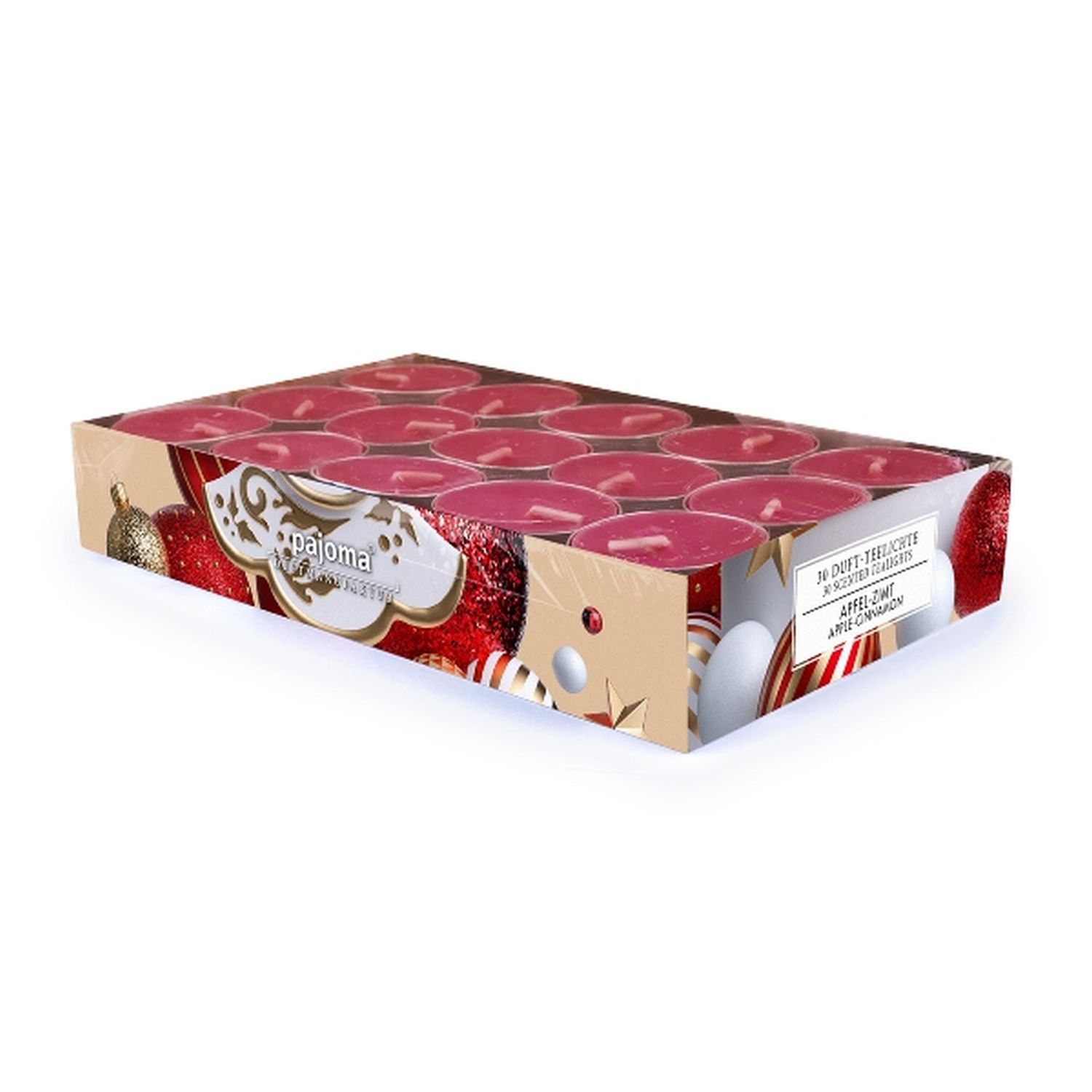 Packung mit 30 roten Teelichtern auf dekorativem Hintergrund