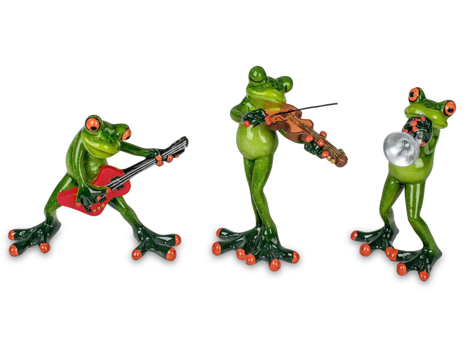 Drei grüne Frösche mit Instrumenten: einer spielt Gitarre, einer Violine und einer bläst in ein Horn
