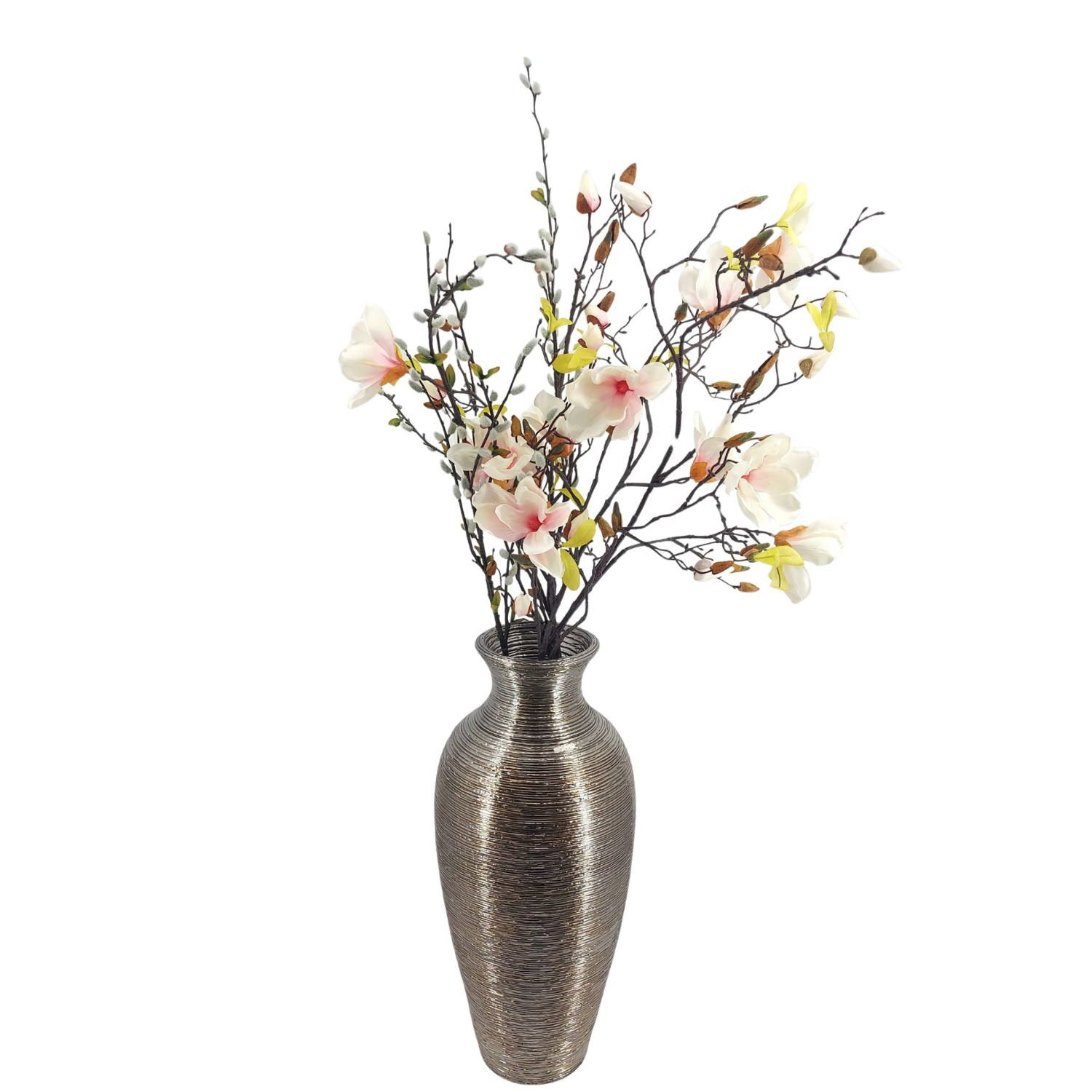 Vase mit künstlichen Blumen in verschiedenen Farben auf weißem Hintergrund