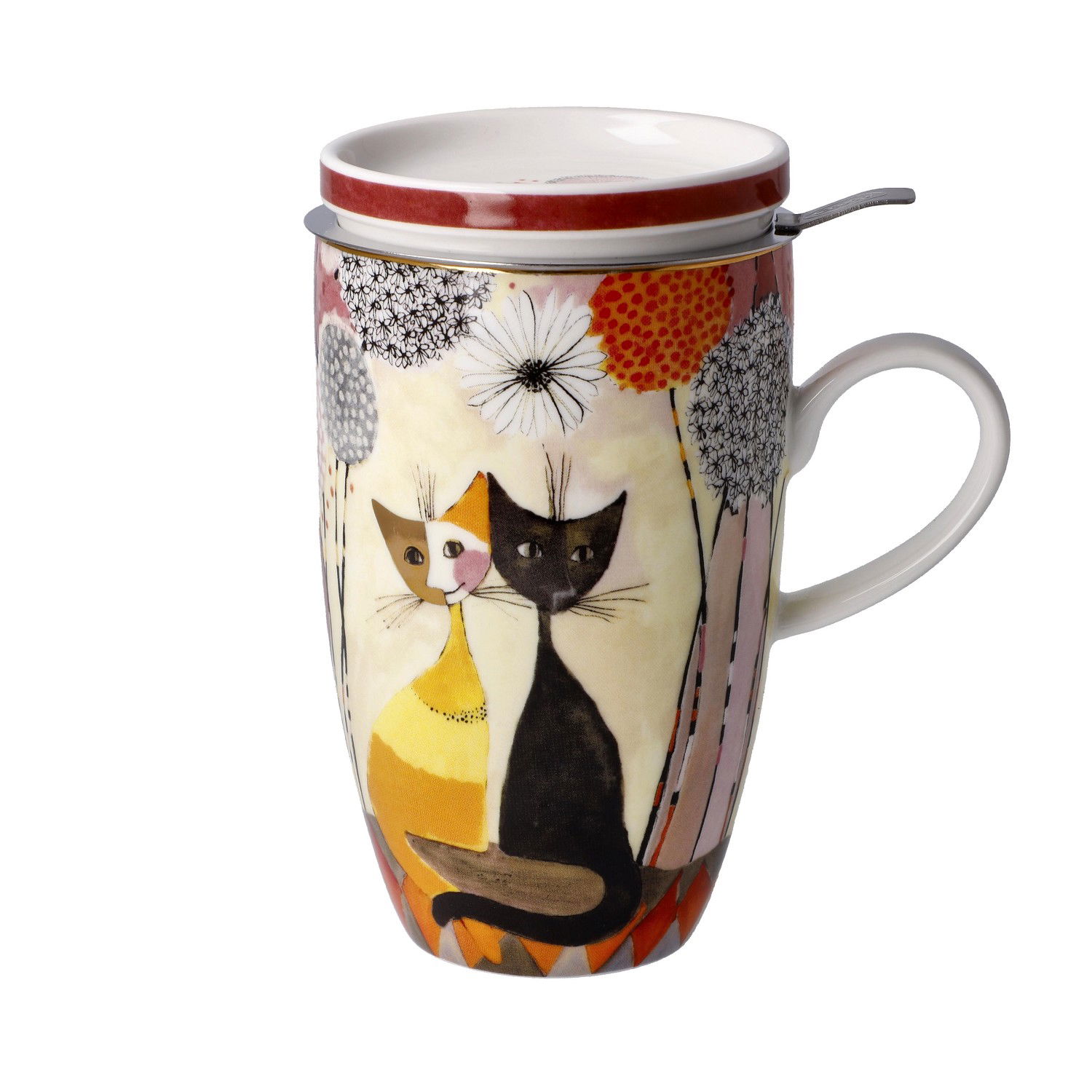 Tasse mit buntem Katzenmotiv, zwei Katzen stehen nebeneinander, umgeben von stilisierten Blumen und Pflanzen. Deckel und Henkel vorhanden.