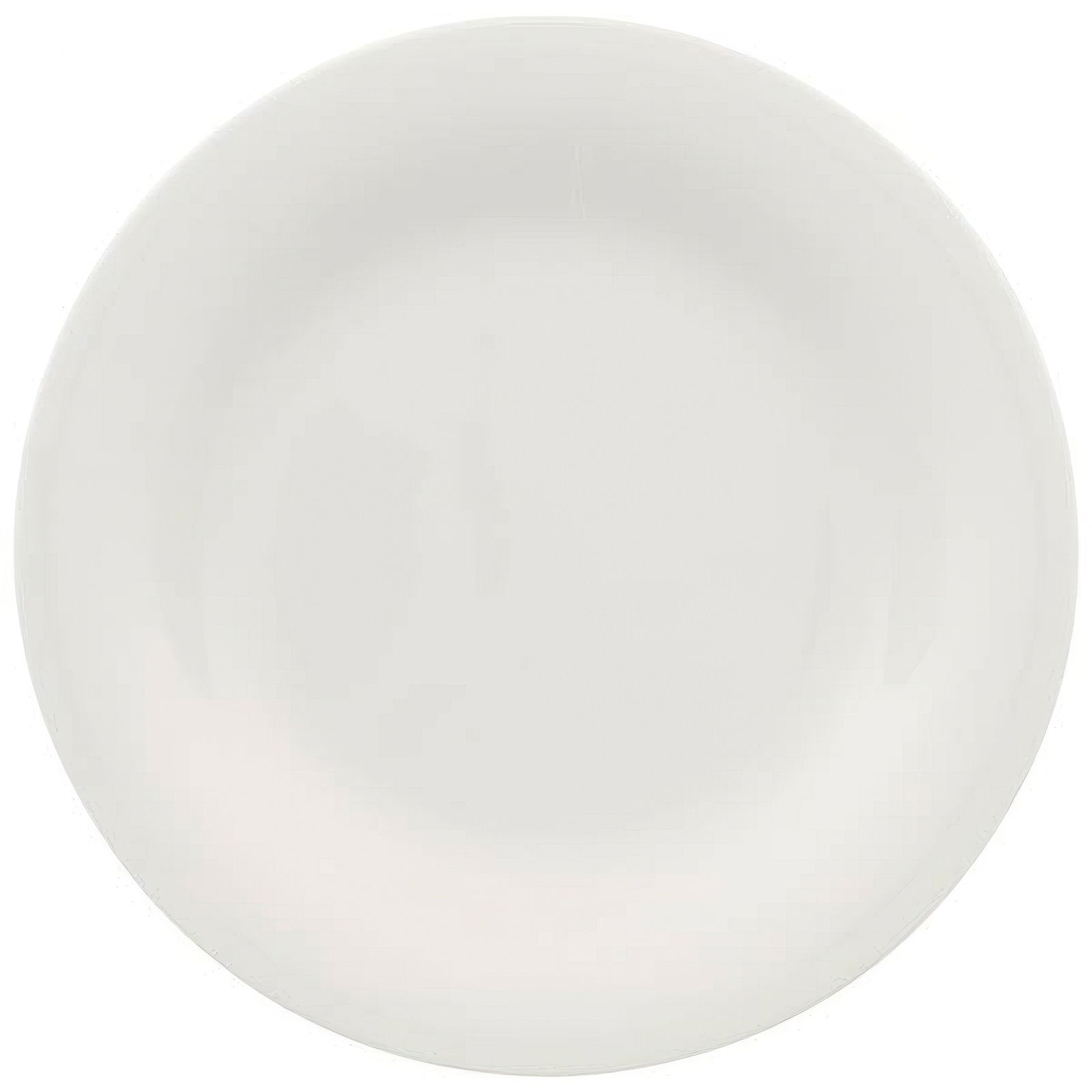 Ein runder, flacher Teller in Weiß ohne Muster oder Verzierungen.