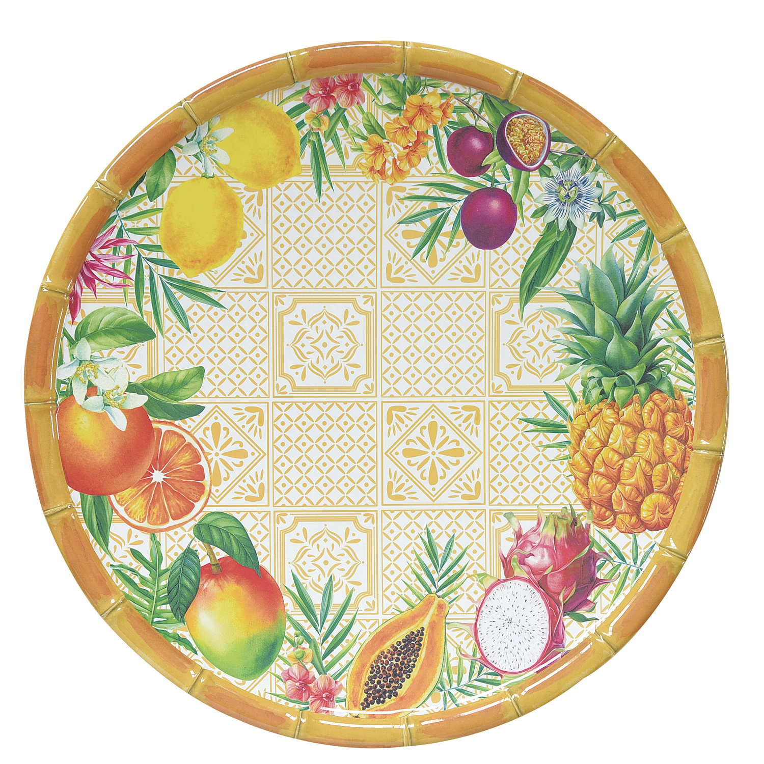 Runder Tablett mit buntem Fruchtmuster, darunter Ananas, Mango, Papaya, Zitrusfrüchte und florale El