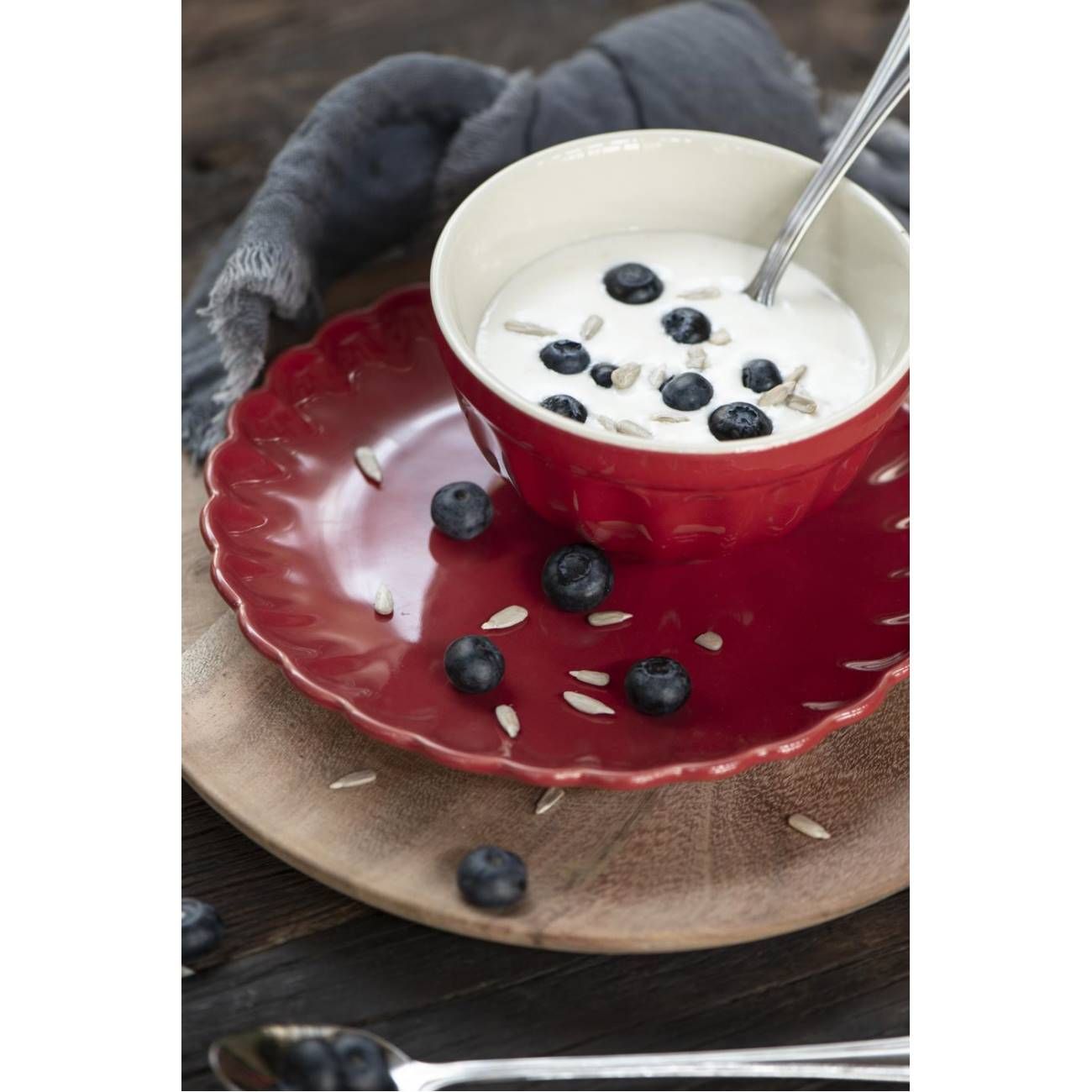 Eine rote Schüssel mit Joghurt, Blaubeeren und Sonnenblumenkernen auf einem roten Teller, umgeben von weiteren Blaubeeren.