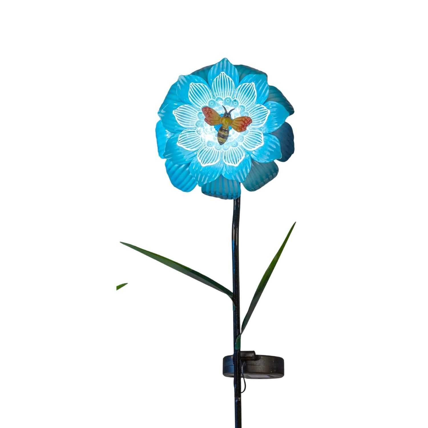 Leuchtend blaue Blume am Stab mit Biene in der Mitte und zwei langen Blättern