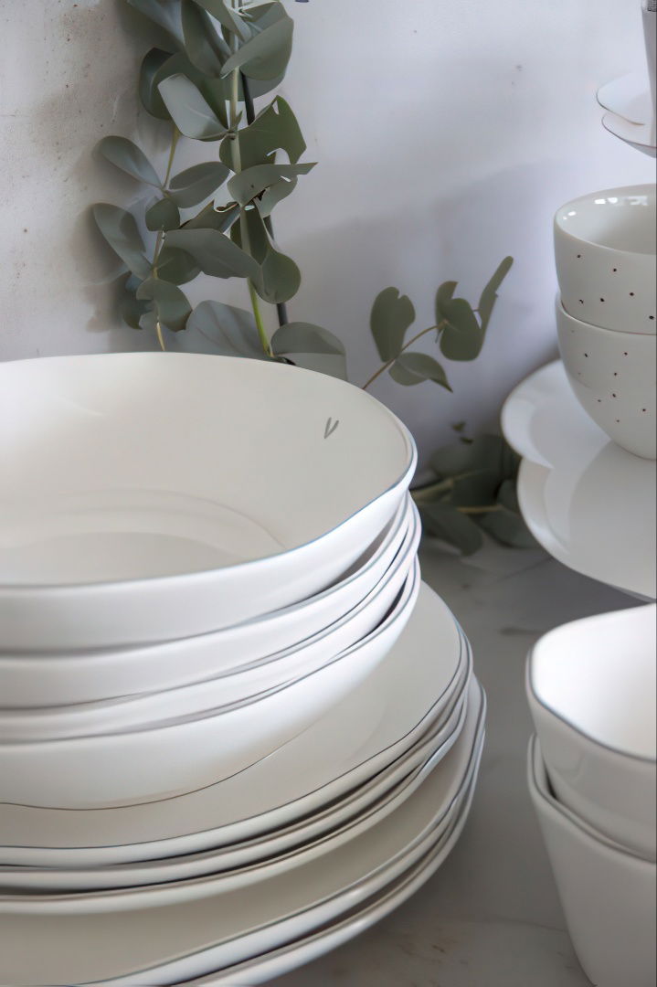 Gestapelte weiße Teller und Schalen, umgeben von Eukalyptuszweigen, auf einer hellen Oberfläche.