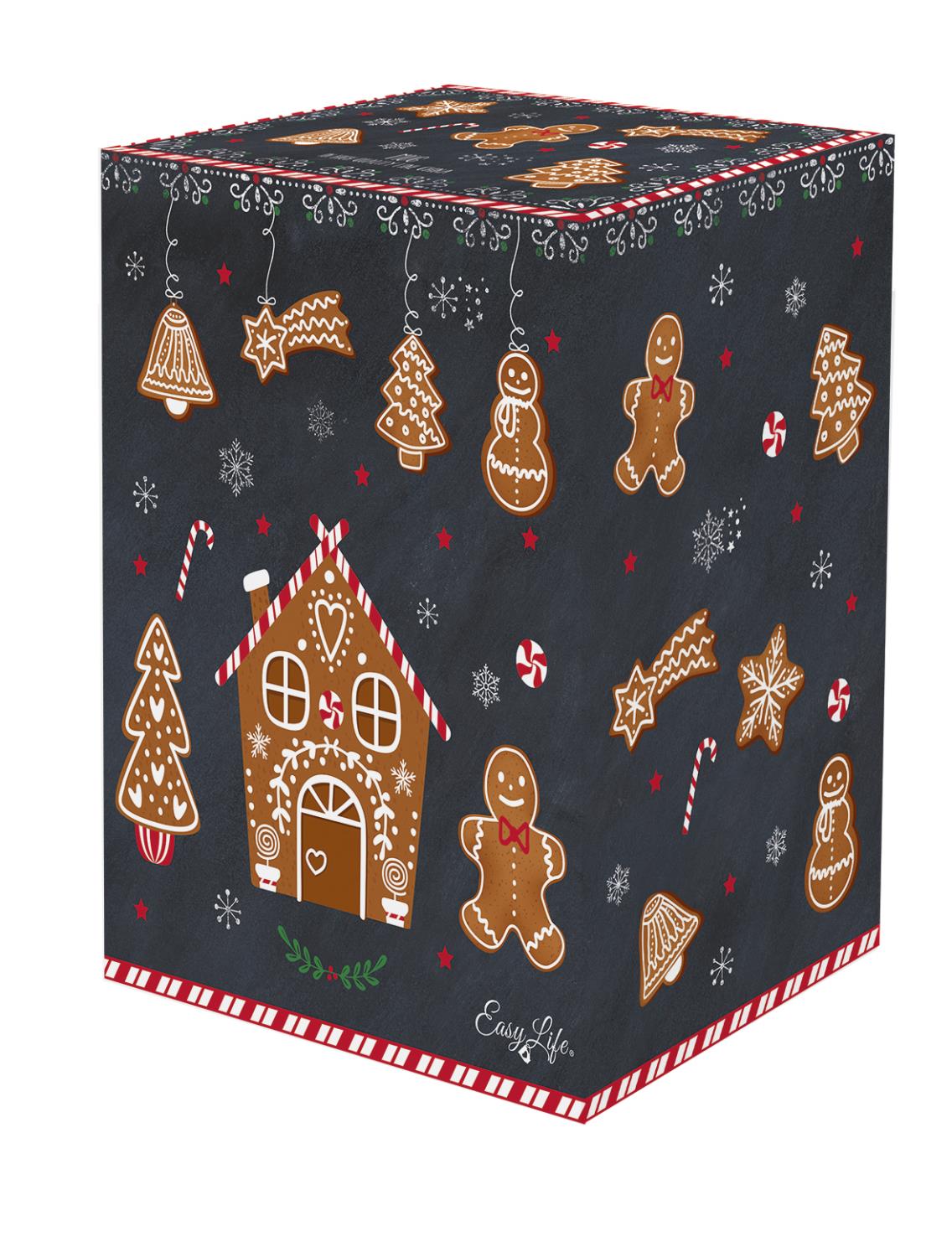 Bunte Geschenkbox mit Weihnachtsmotiven: Lebkuchenhaus, Weihnachtsbaum, Schneemann und Zuckerstangen auf dunklem Hintergrund.