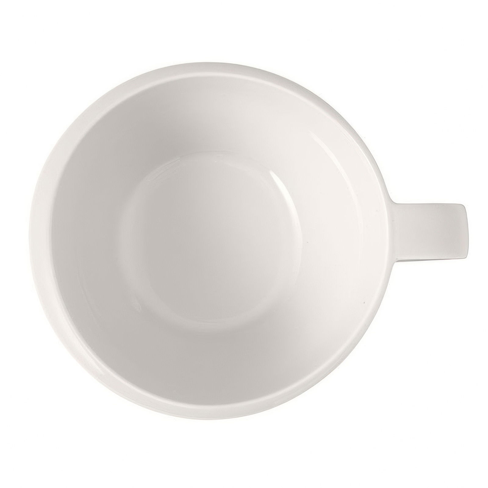 Weiße, runde Schüssel mit einem seitlichen Henkel, von oben betrachtet. Der Innenraum ist glatt und ohne Muster.