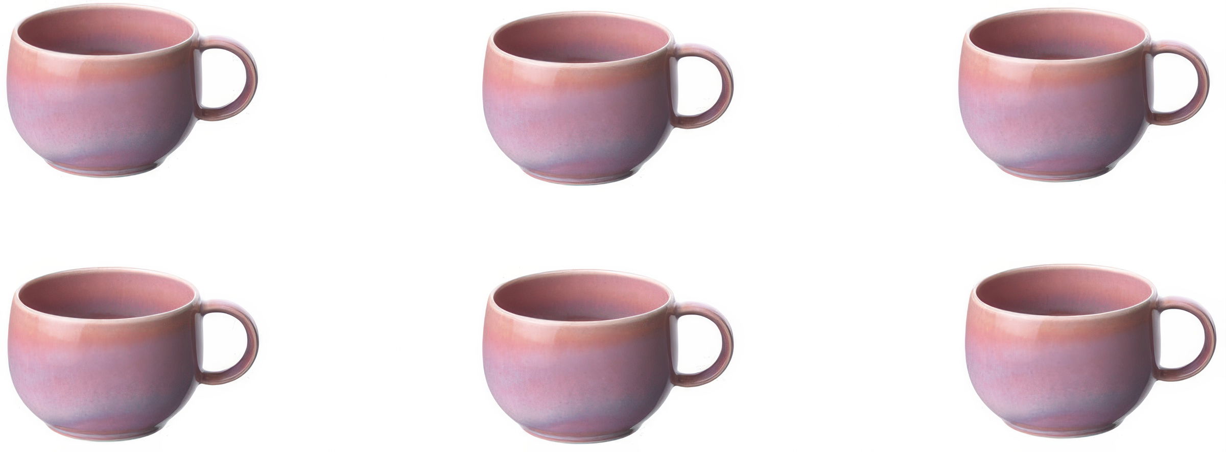 Sechs Tassen in sanften Rosa- und Lilatönen, jeweils mit einem Henkel, in zwei Reihen angeordnet.