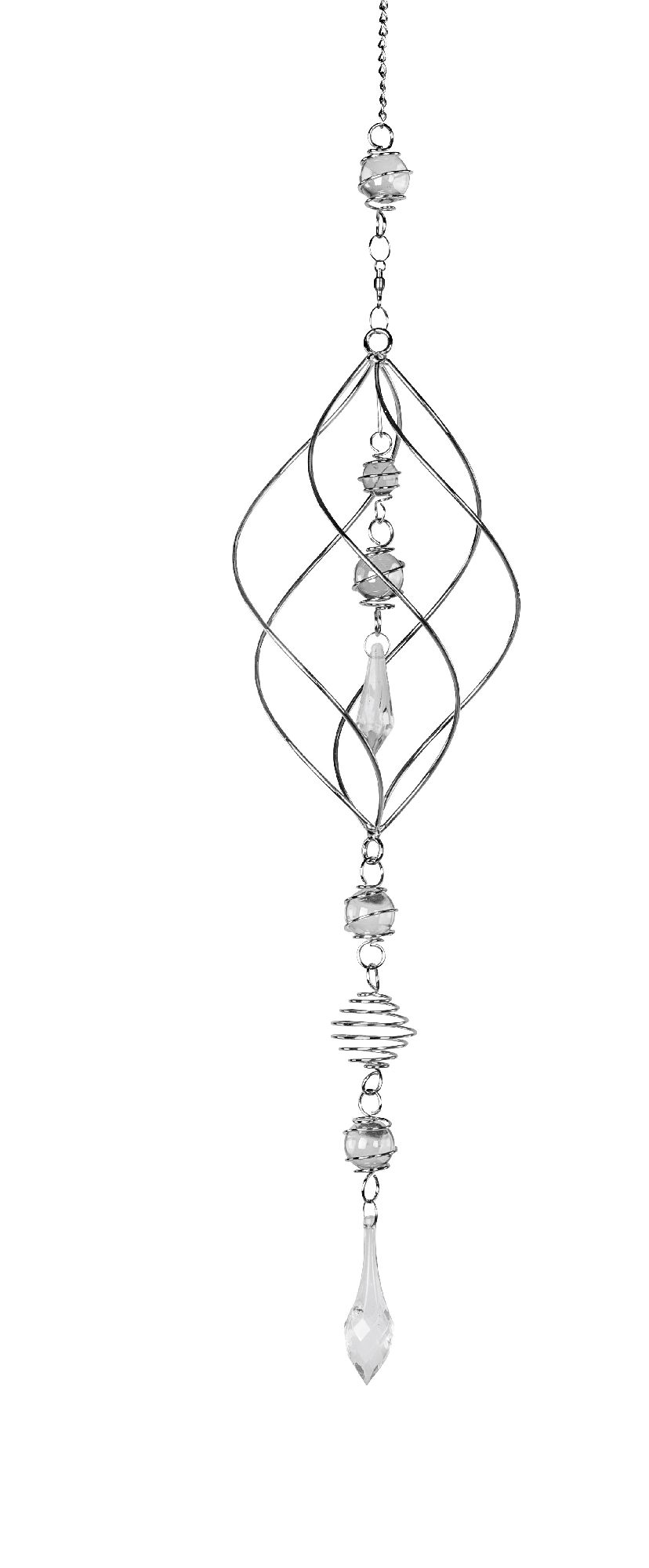 Hängende Dekoration aus silberfarbenem Metall mit geschwungenen Formen und klaren Kristallen in vers