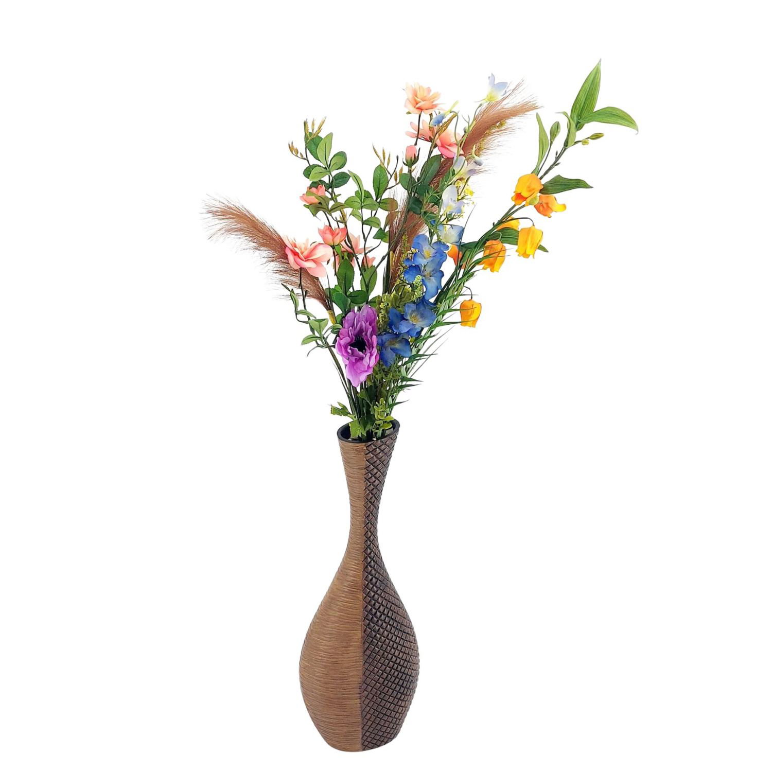 Vase mit bunten Kunstblumen und grünem Blattwerk