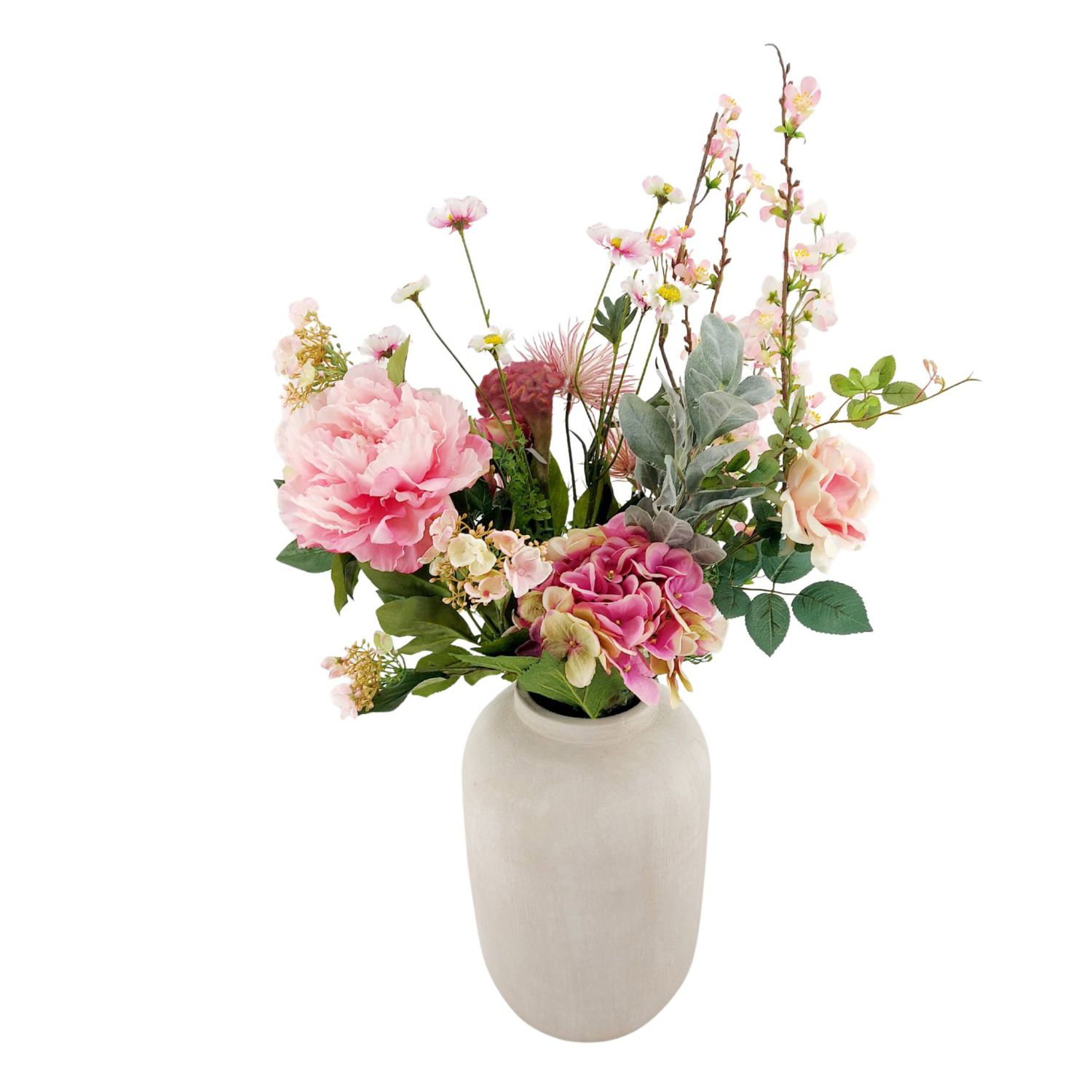 Vase mit bunten, künstlichen Blumen in verschiedenen Farben und Formen