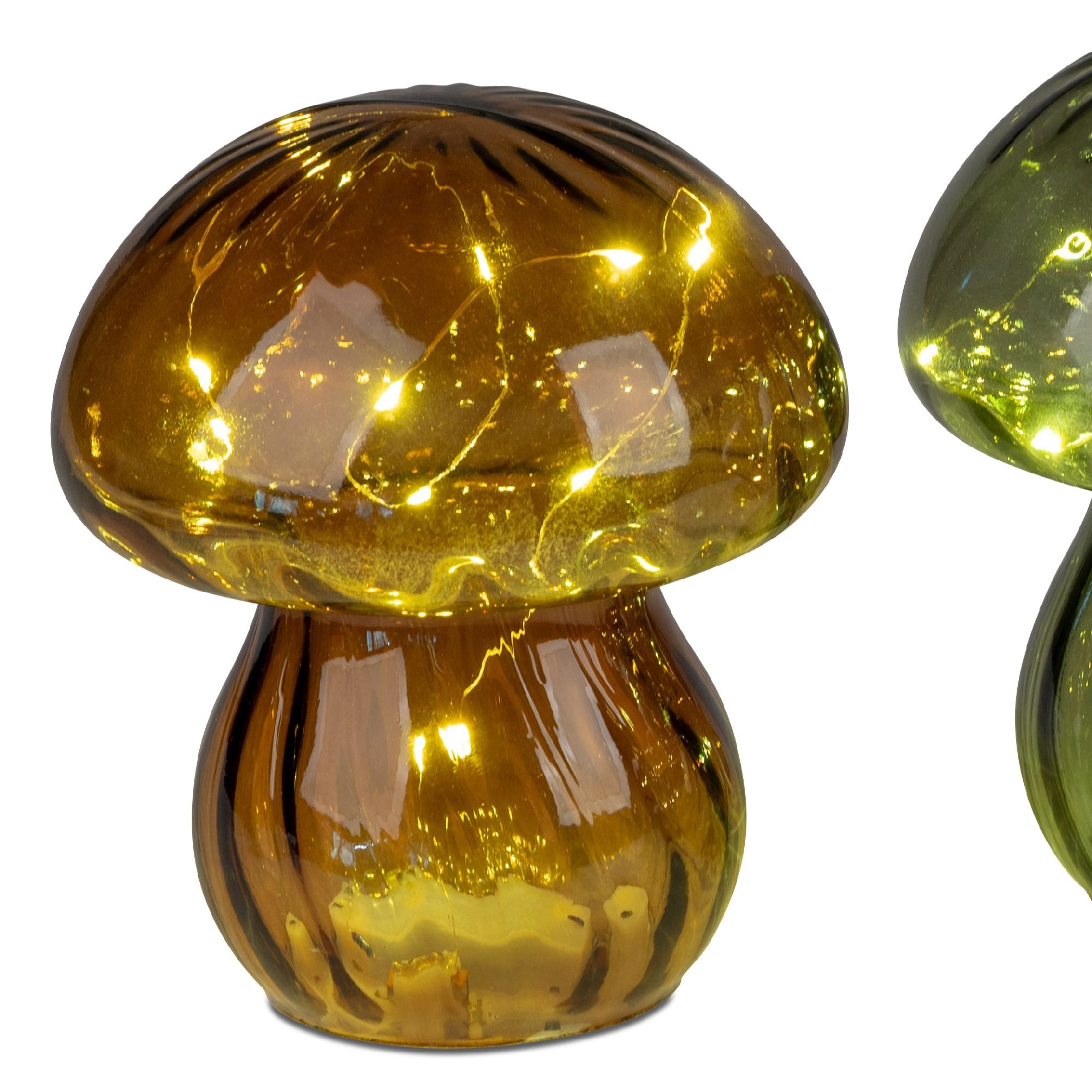 Zwei dekorative Pilzfiguren aus Glas, eine in Goldbraun und eine in Grün, mit leuchtenden Akzenten.