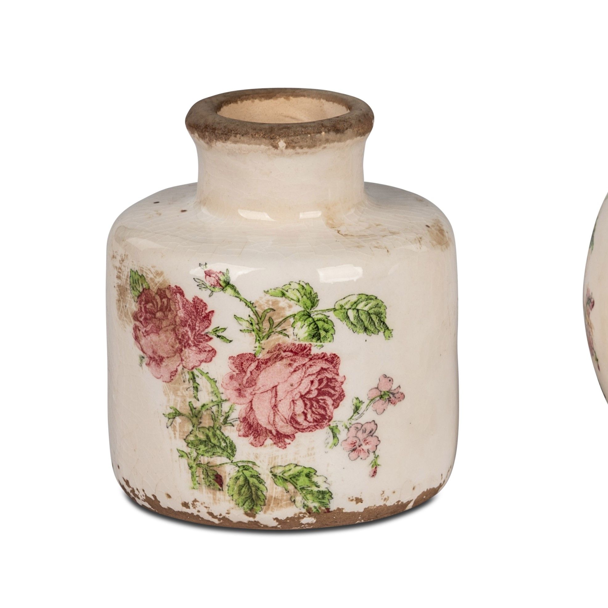 Dekovase VINTAGE ROMANTIK mit Rosendekor Höhe 10cm weiß rosa braun von FORMANO