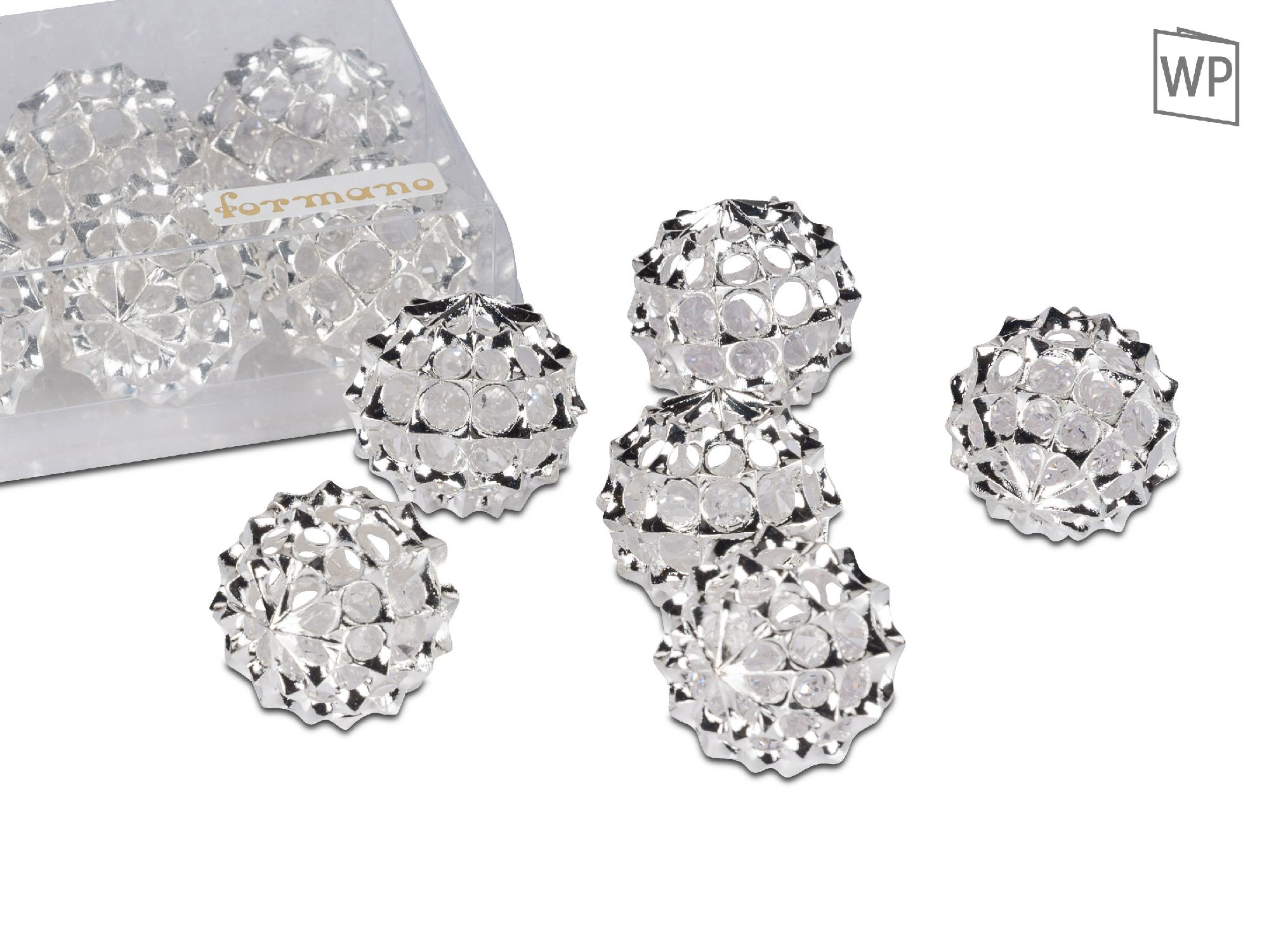 Sechs glitzernde, transparente Dekokugeln in verschiedenen Größen, teilweise in einer durchsichtigen