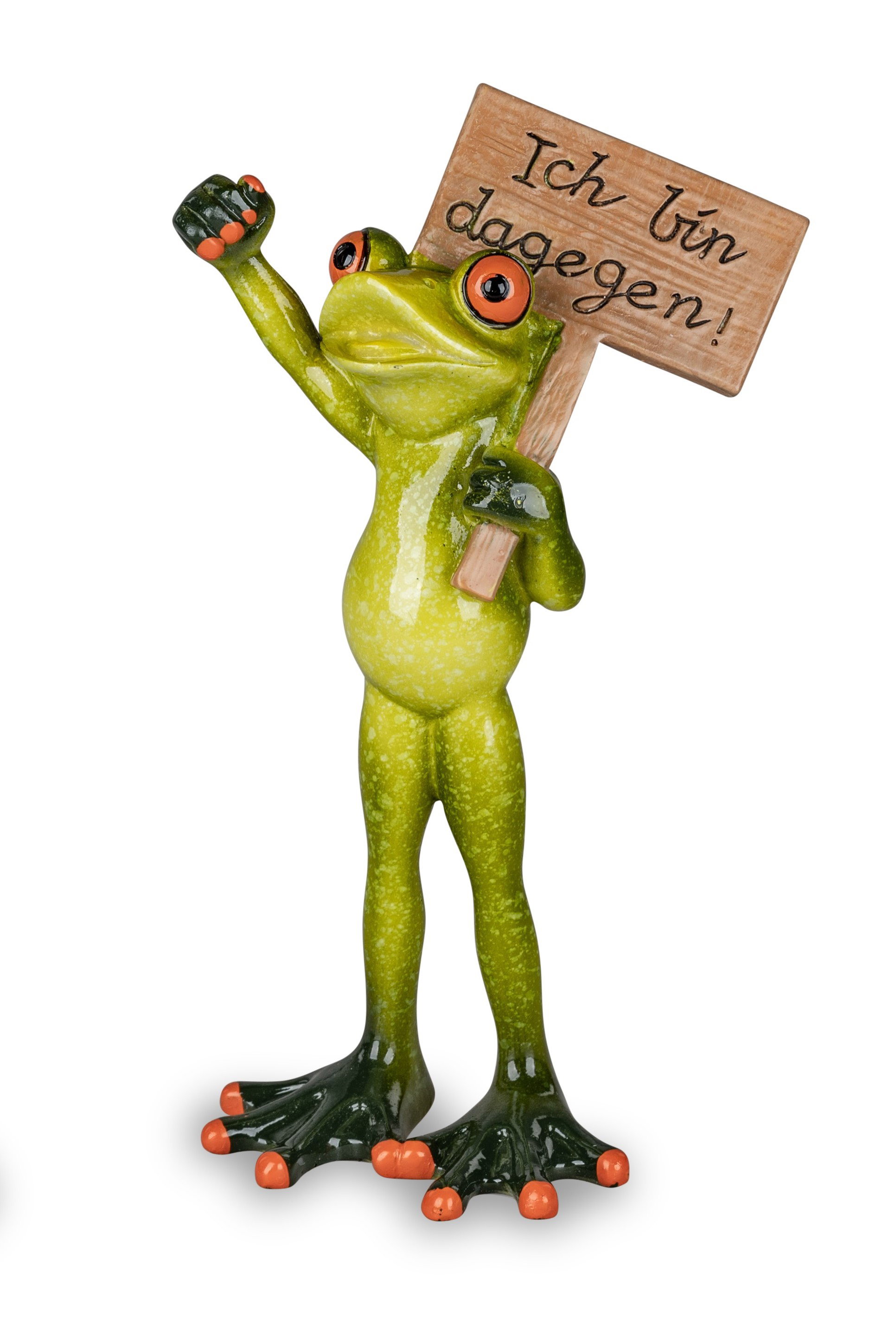 Eine grüne Froschfigur mit roten Augen hält ein Schild mit der Aufschrift „Ich bin dagegen!“ in der