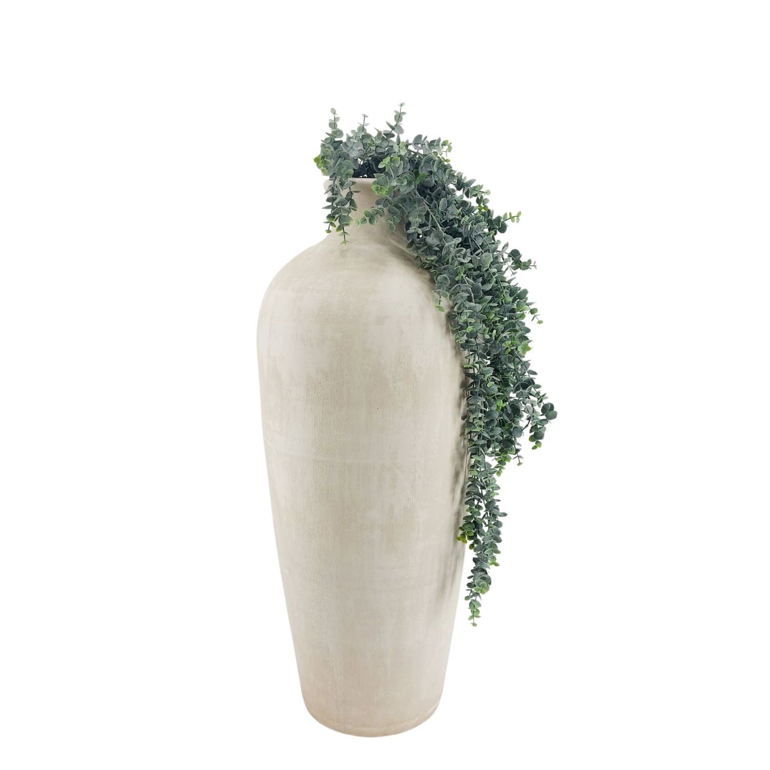 Helle Vase mit grünem, hängendem Pflanzenzweig oben