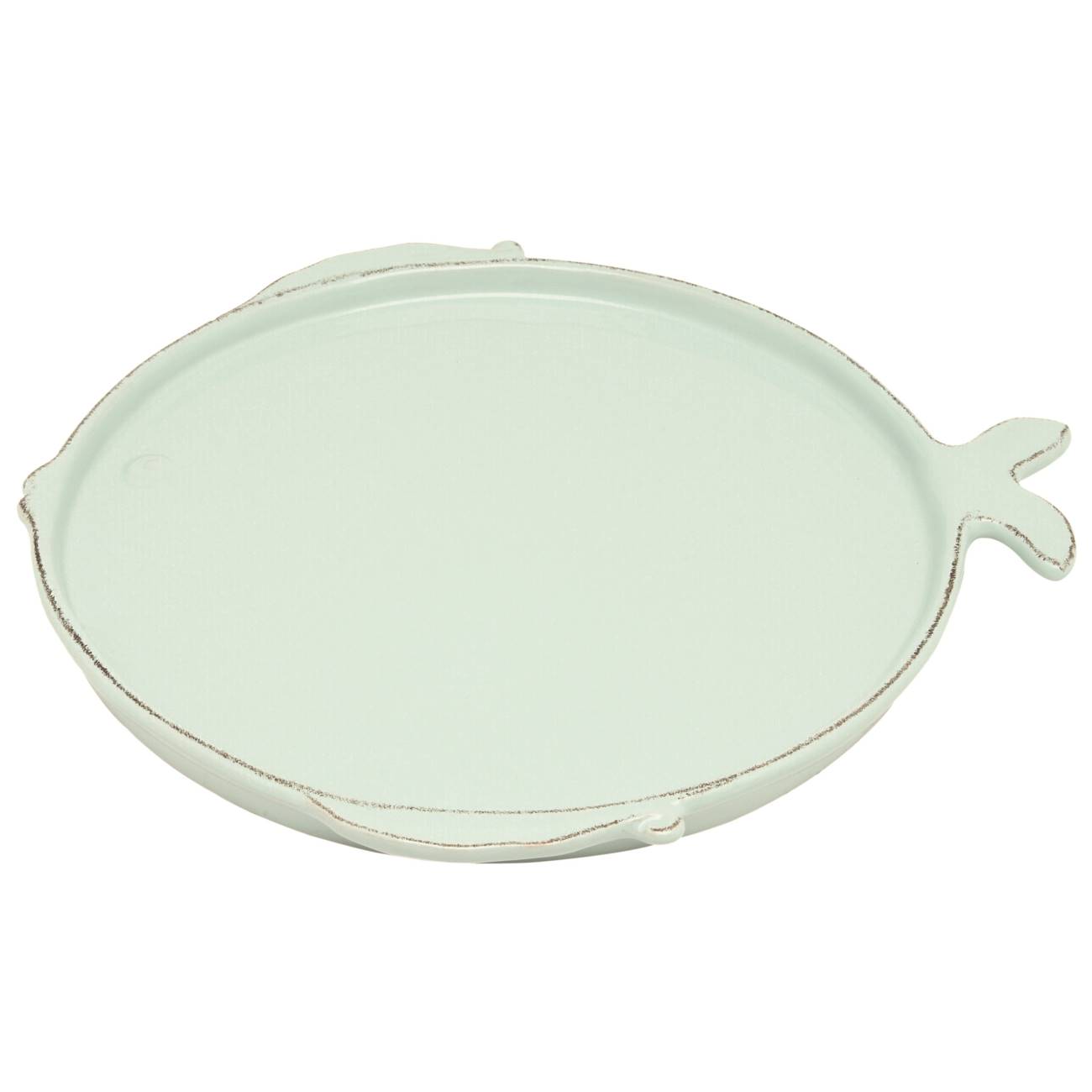 Runde, mintgrüne Platte mit einem kleinen Griff in Form eines Fisches und einer leicht strukturierten Oberfläche.