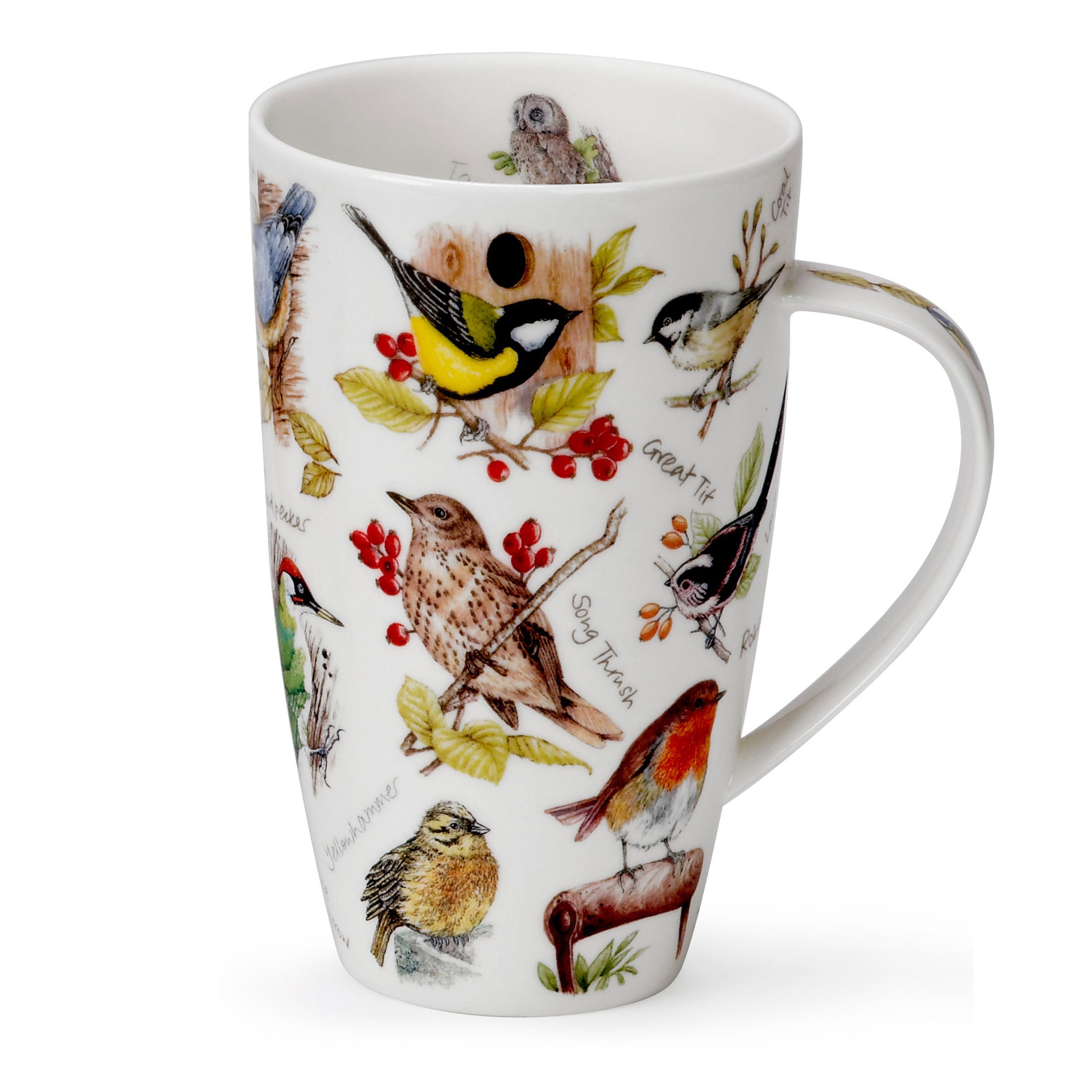 Eine weiße Tasse mit bunten Vogelillustrationen und botanischen Motiven auf der Oberfläche.