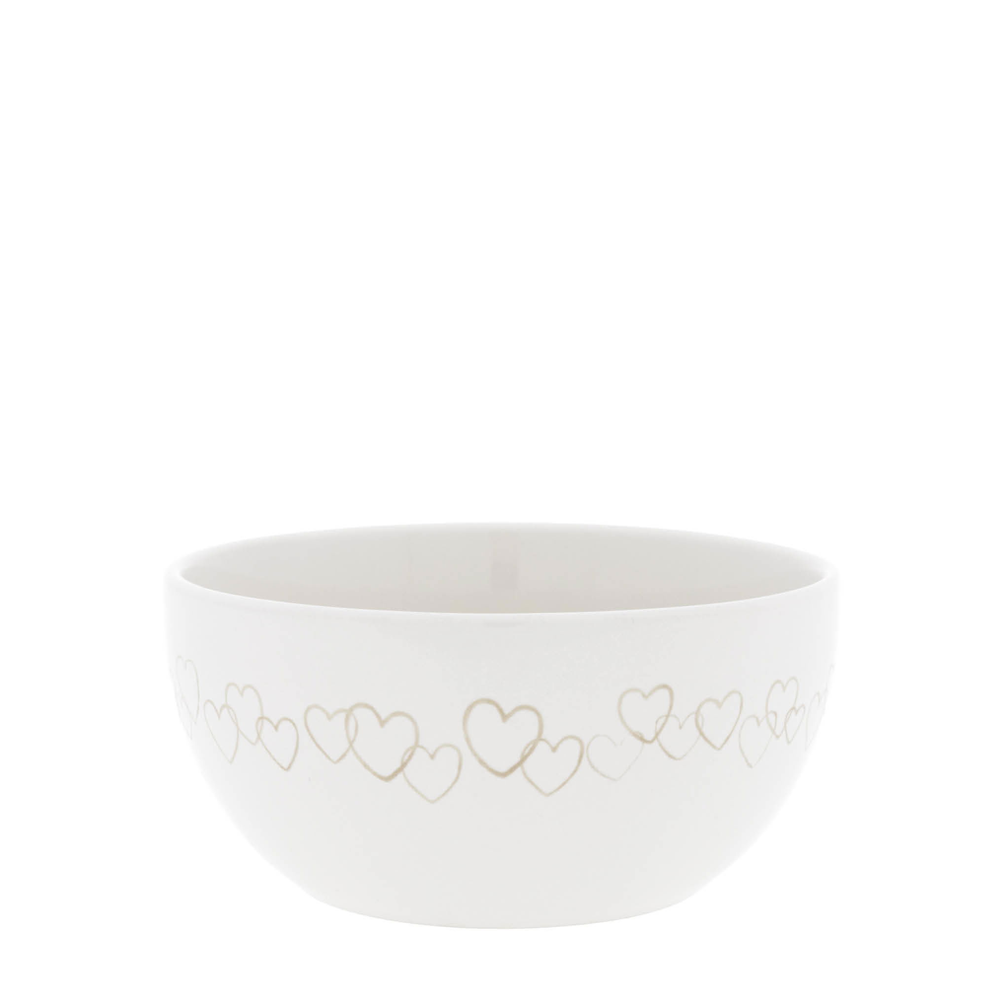 Weiße Schüssel mit einer dekorativen Herzlinie in Gold um den Rand. Innenraum ist schlicht und unbedruckt.
