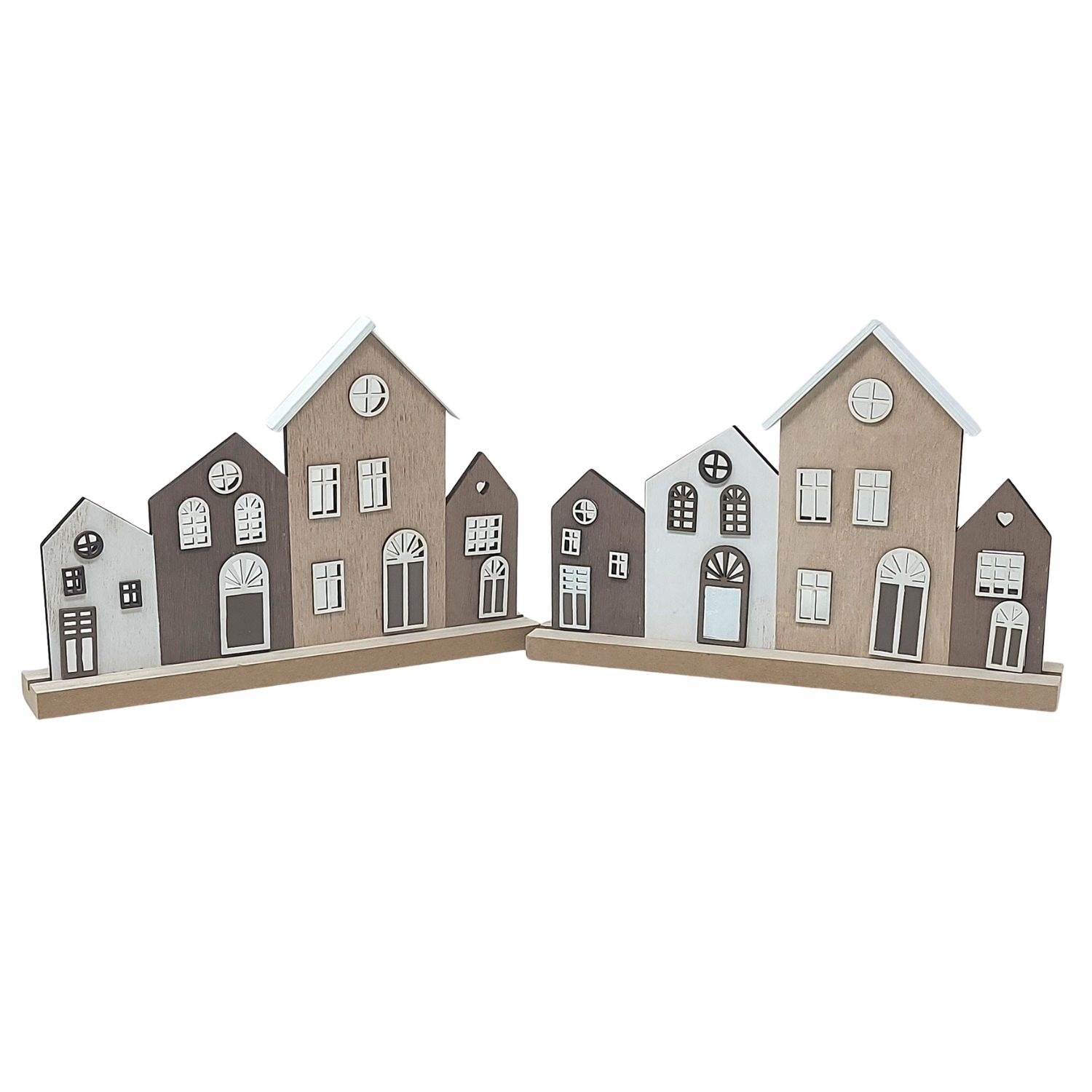 Zwei Gruppen von Holzhaus-Modellen in verschiedenen Farben und Formen, auf einer flachen Basis angeo