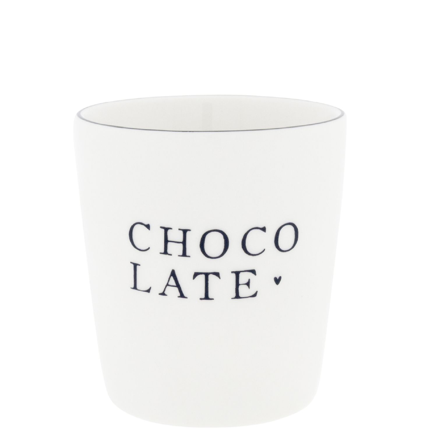 Weiße Tasse mit schwarzer Aufschrift CHOCO LATE und kleinem Herz