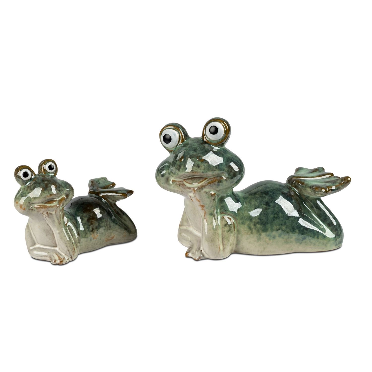 Zwei liegende Froschfiguren aus glänzender Keramik mit großen Augen auf weißem Hintergrund
