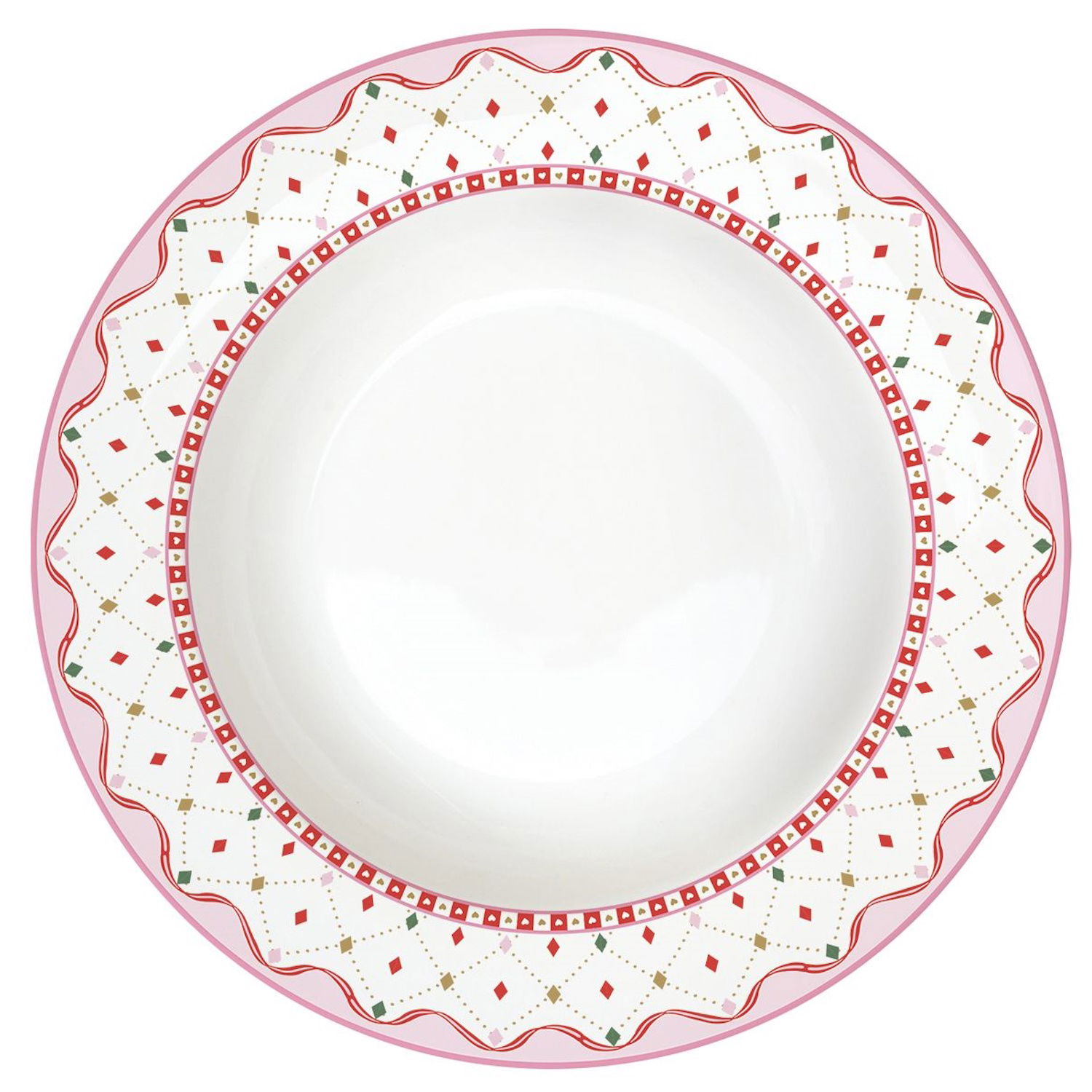 weißer Suppenteller mit rosafarbenem Rand, kleinen Herzen und Rauten