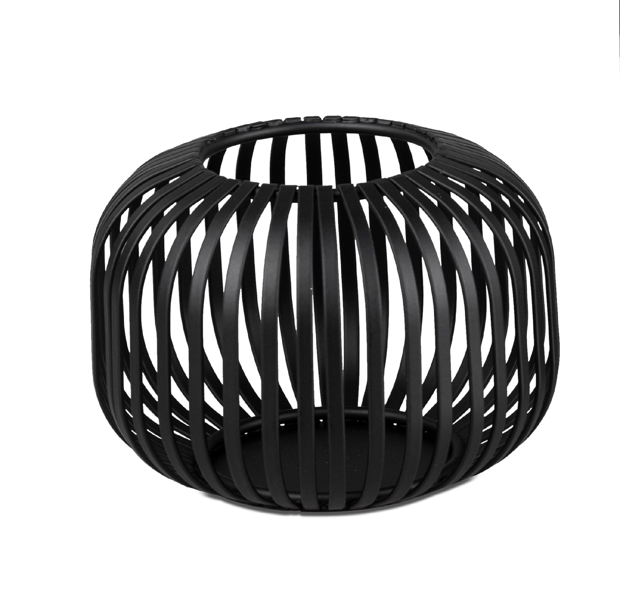 Schwarzer Korb aus Streben, rund und offen, mit einem stabilen Boden. Die Streben sind gleichmäßig angeordnet.