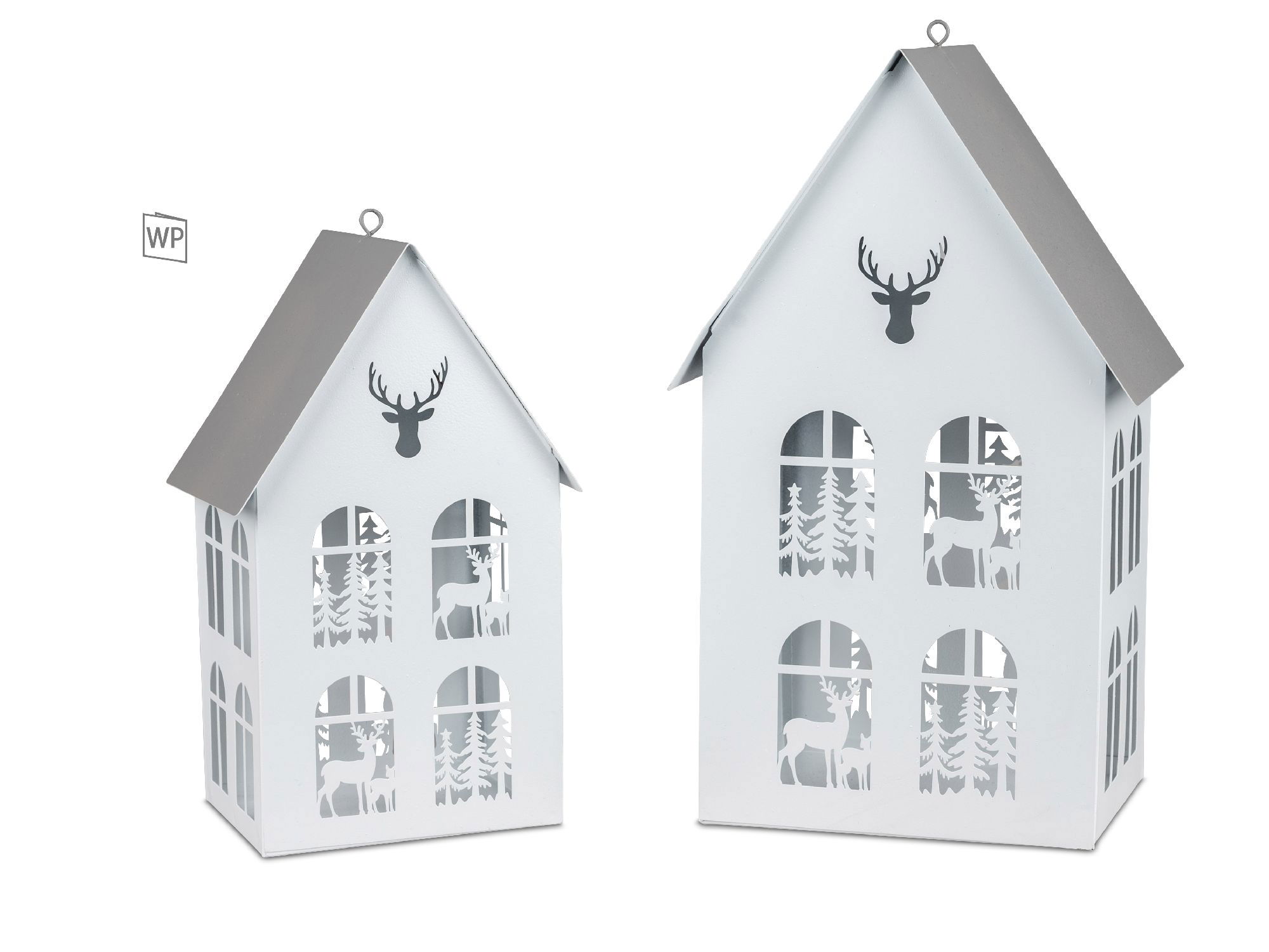 Zwei weiße, laternenartige Häuser mit grauem Dach, verziert mit durchbrochenen Motiven von Tannen un