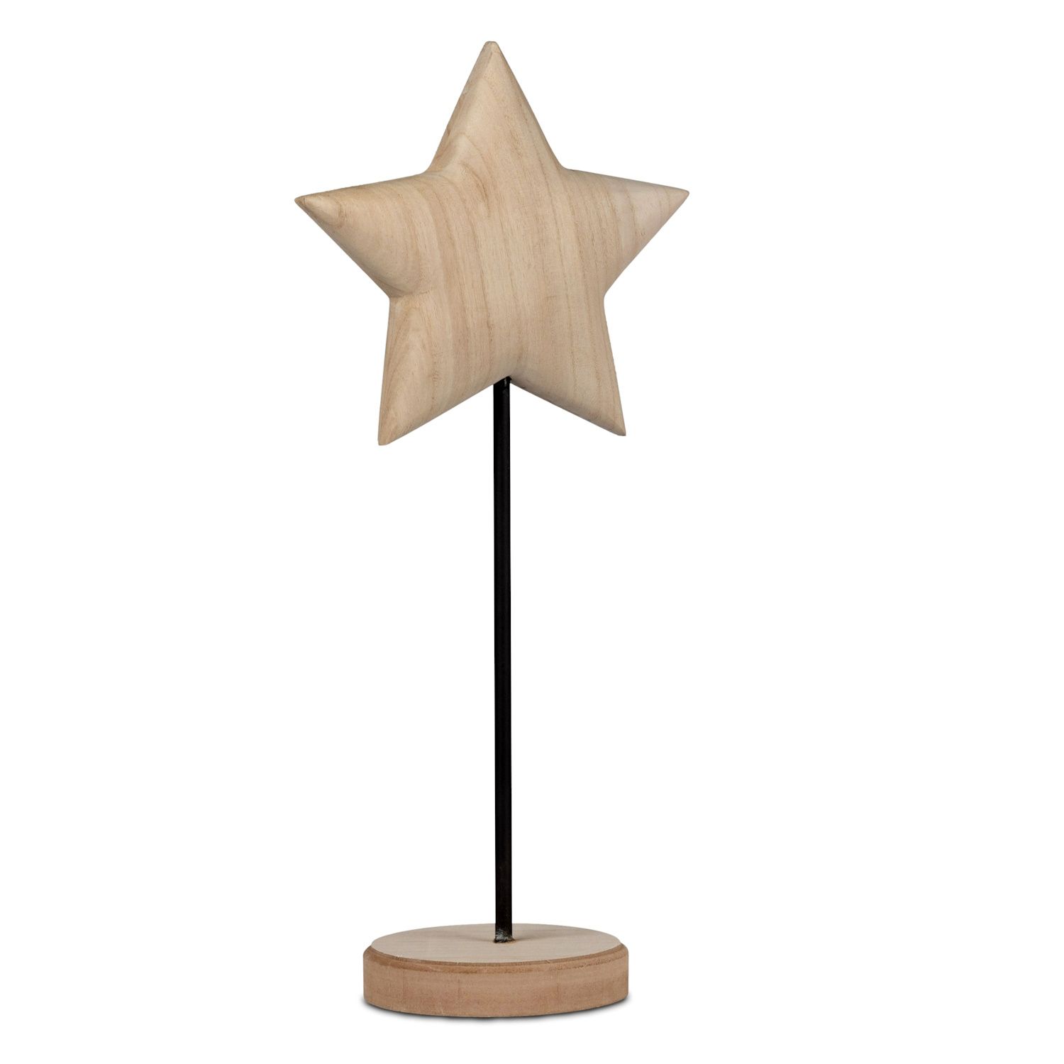 Holzstern auf einem schwarzen Ständer, der auf einer runden Holzbasis steht. Der Stern hat eine natü