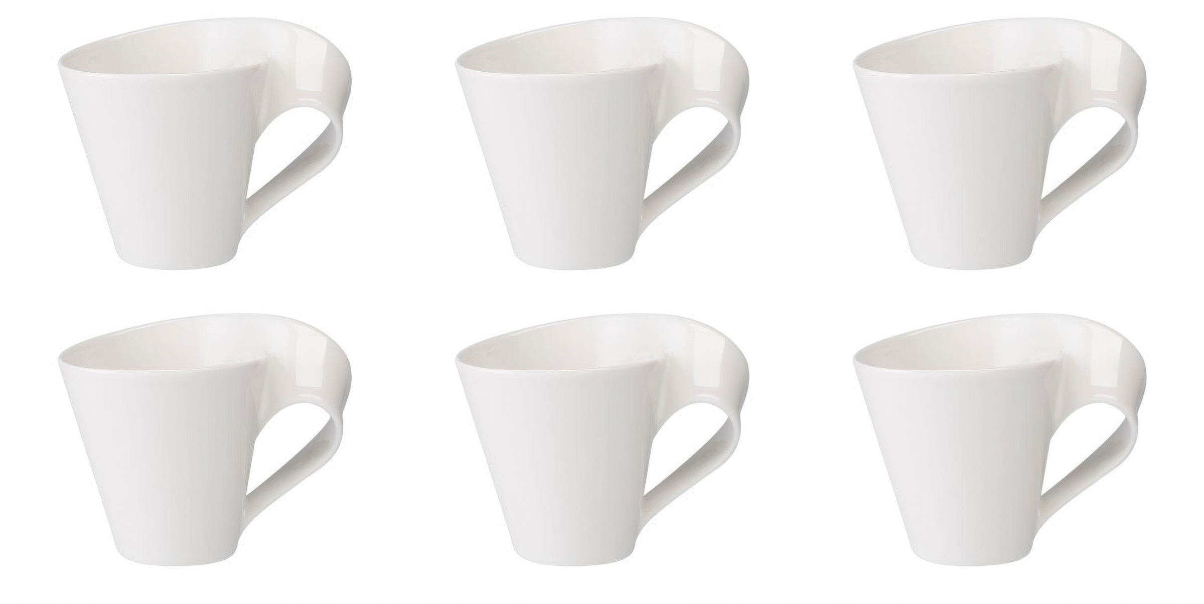 Sechs weiße Kaffeetassen mit asymmetrischem Griff, in zwei Reihen angeordnet.