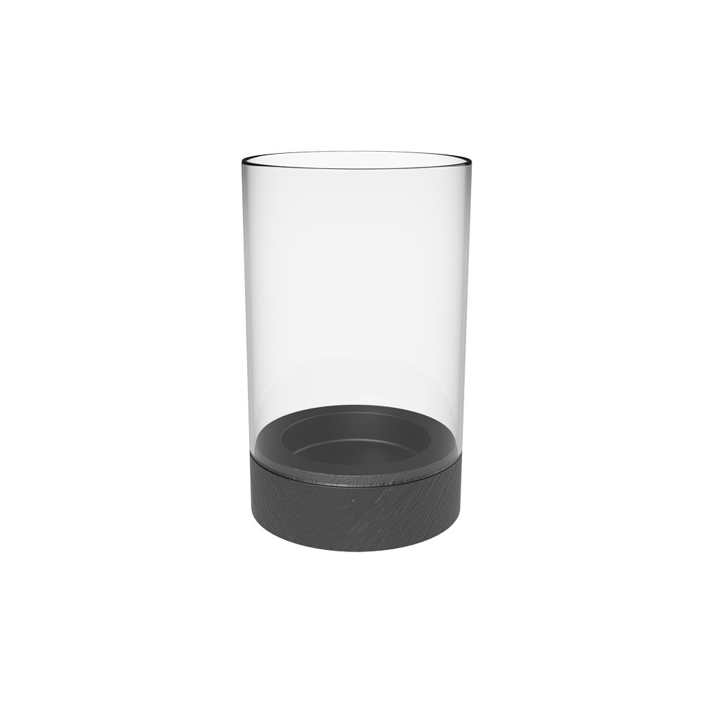 Ein transparenter Glasbehälter mit einem schwarzen, runden Boden. Der Behälter hat eine zylindrische Form.