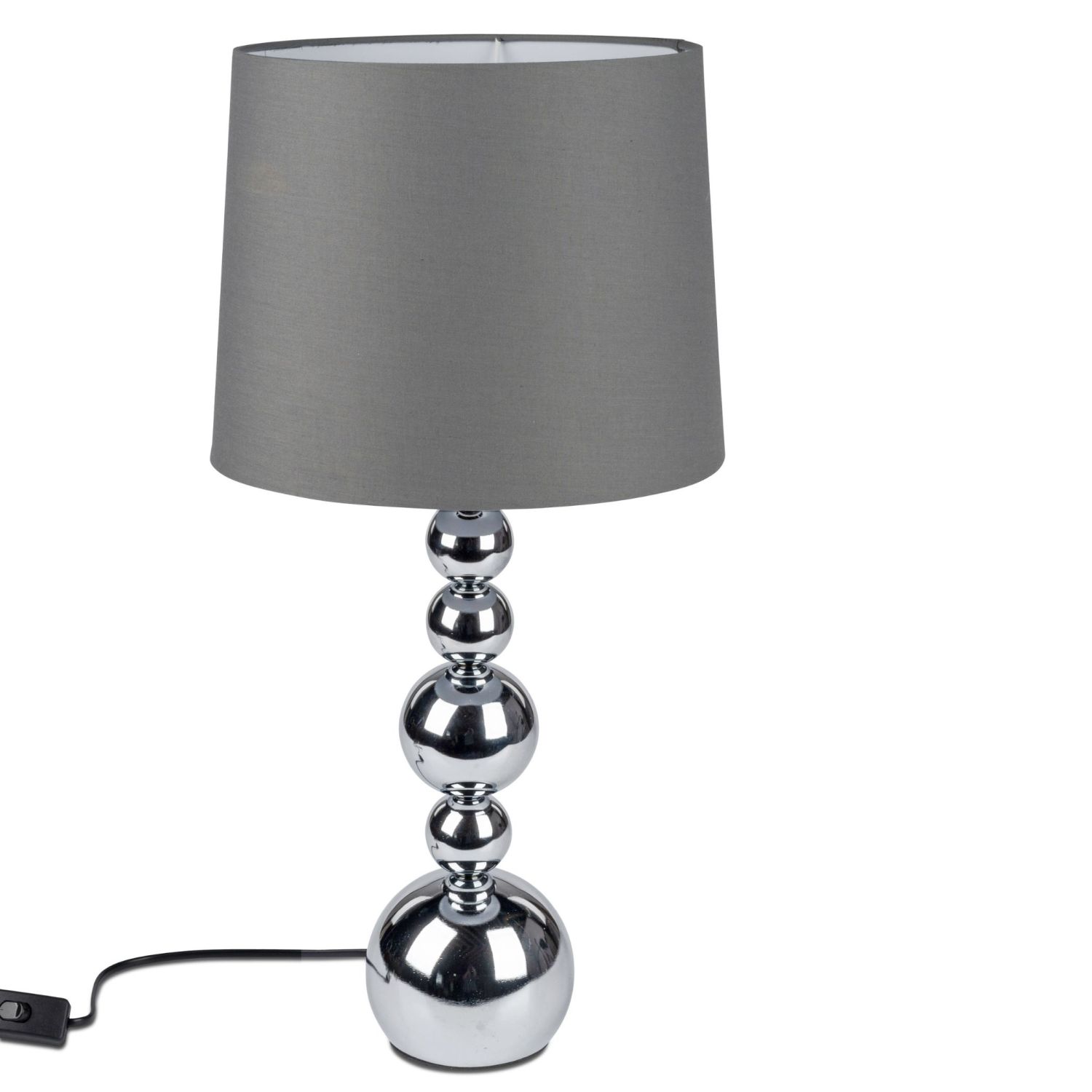 Tischlampe mit glänzendem Fuß und grauem Lampenschirm