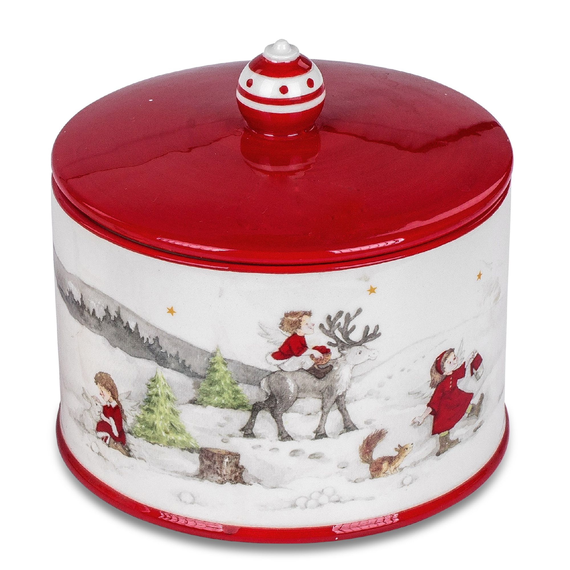 Runde, rote Dose mit einem Deckel. Auf der Seite sind winterliche Motive mit Engeln, einem Rentier u