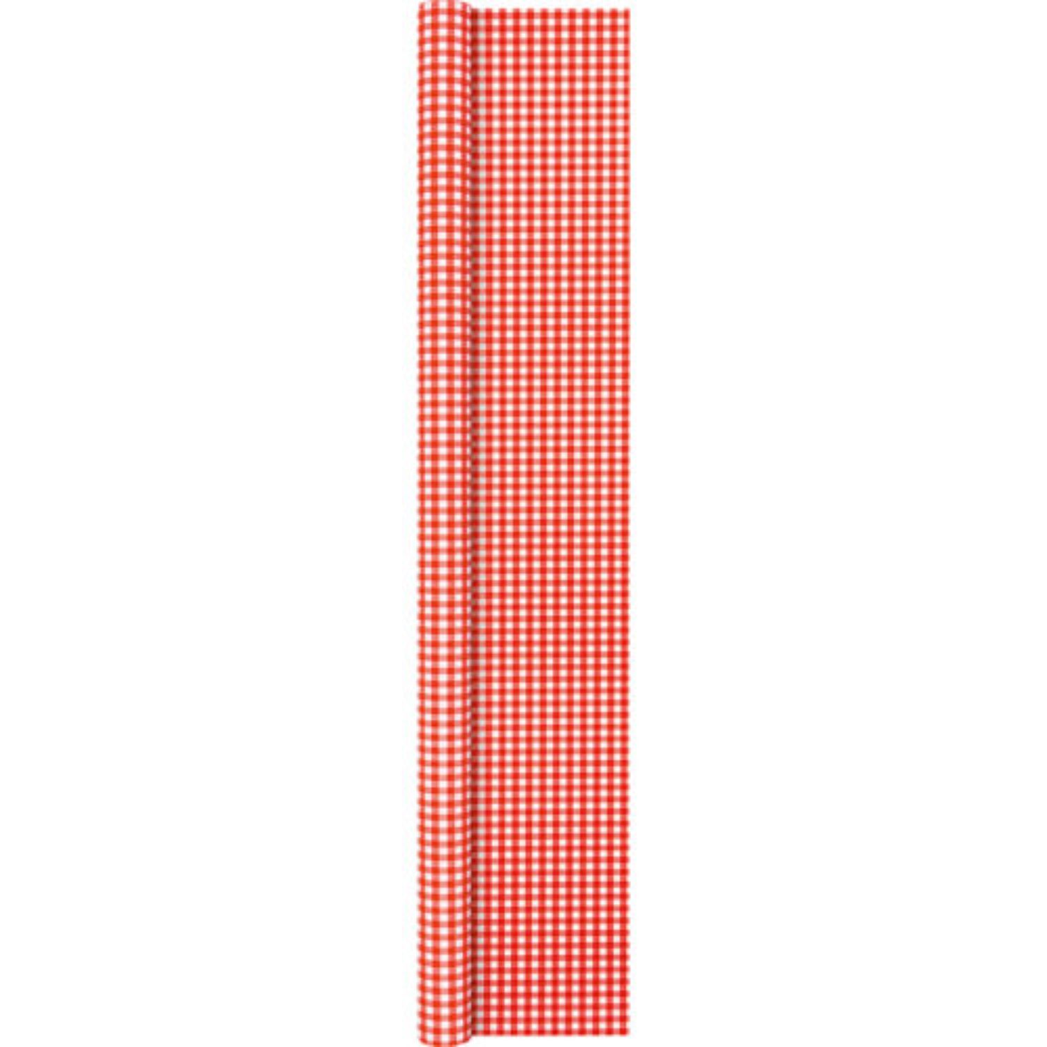 Rotes Vlies mit weißem Karomuster, aufgerollt und vertikal dargestellt.