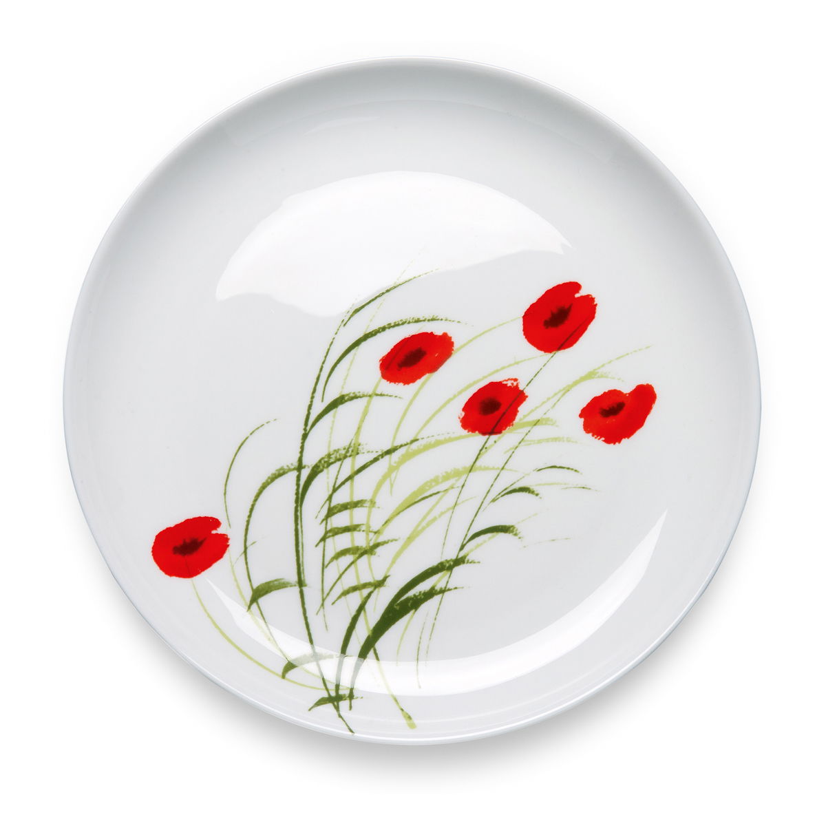 Ein runder, weißer Teller mit roten Mohnblumen und grünen Grashalmen als Dekor.