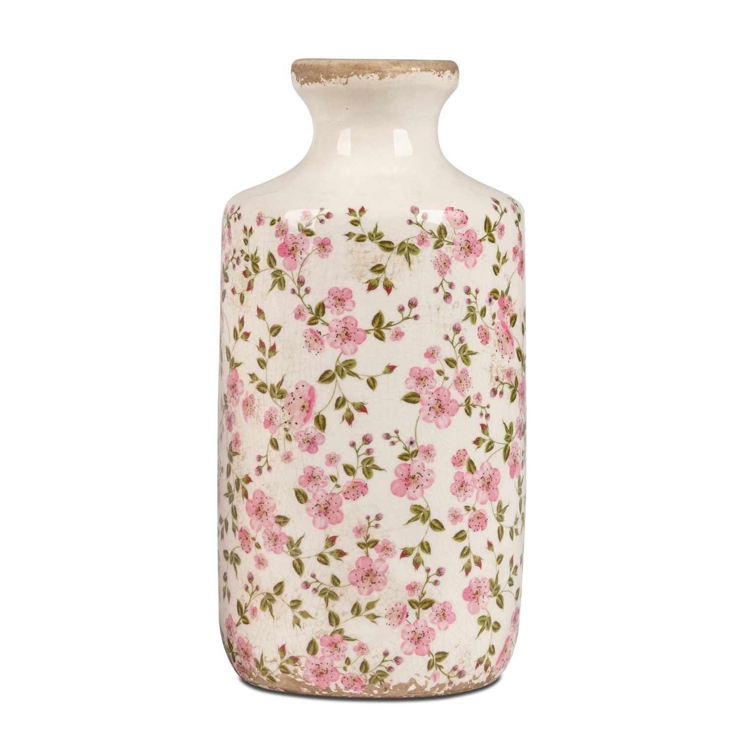 Vase mit blütenförmigem Muster in Rosa und Grün auf hellem Hintergrund
