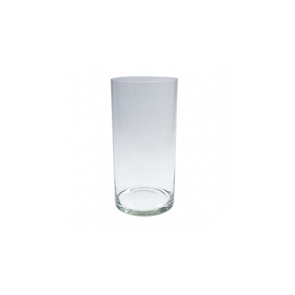 Ein transparenter, zylindrischer Glasbecher ohne Dekoration, auf einem hellen Hintergrund.