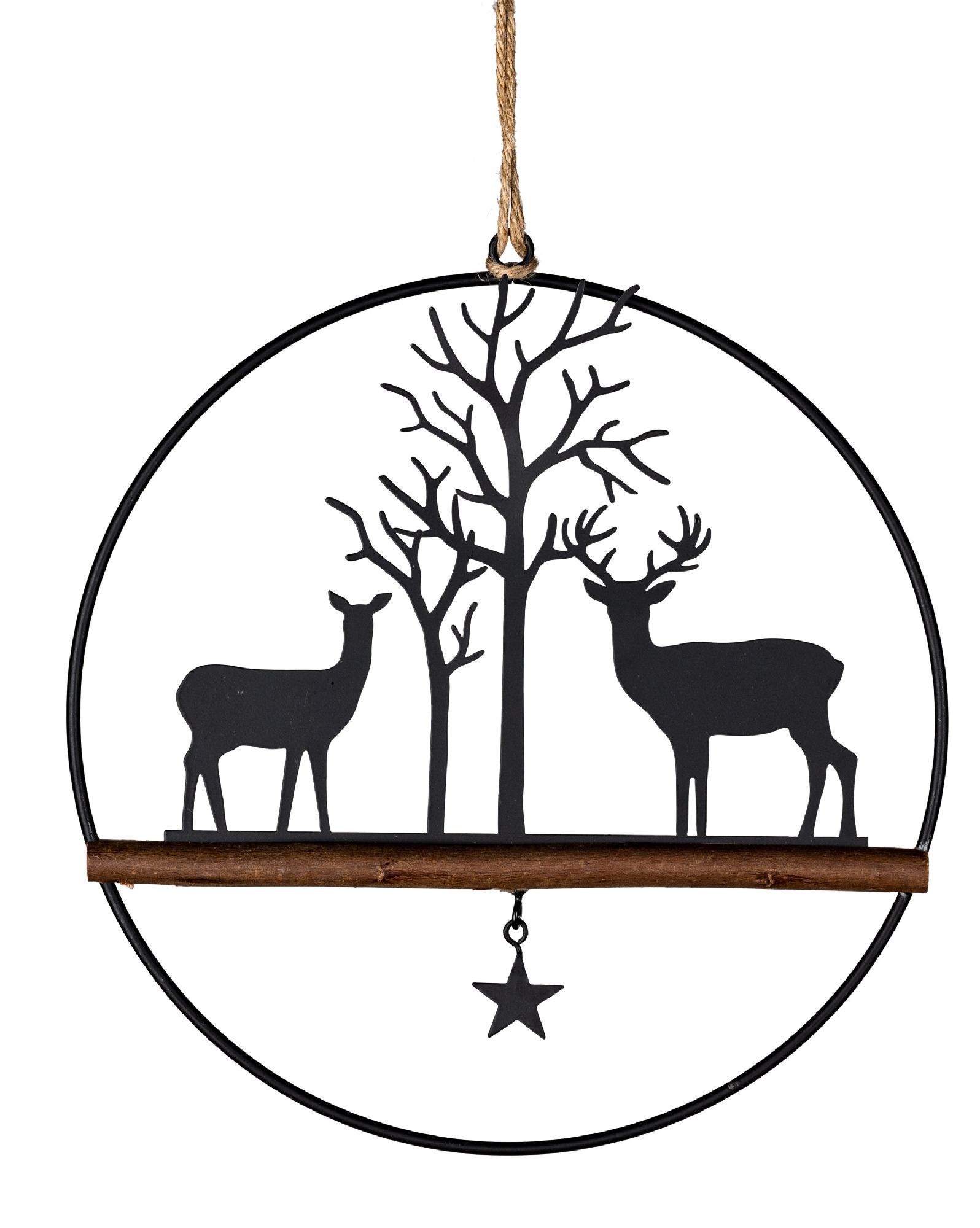 Schwarze Metalldekoration mit zwei Rehen und einem Baum, umgeben von einem runden Rahmen. Unterhalb