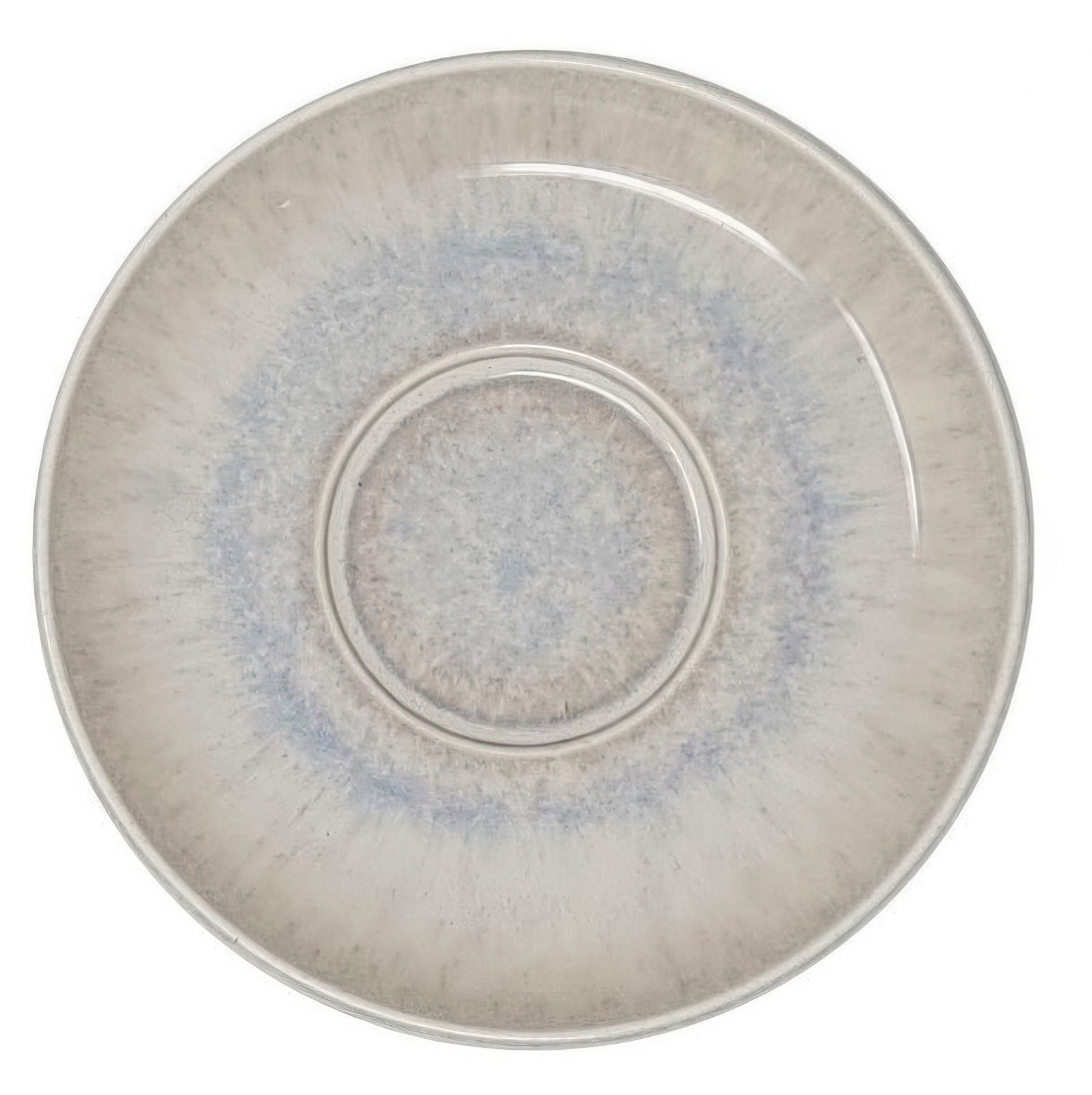 Ein runder, flacher Teller mit einem sanften Farbverlauf in Beige und Blau, mittig mit einer Vertiefung.