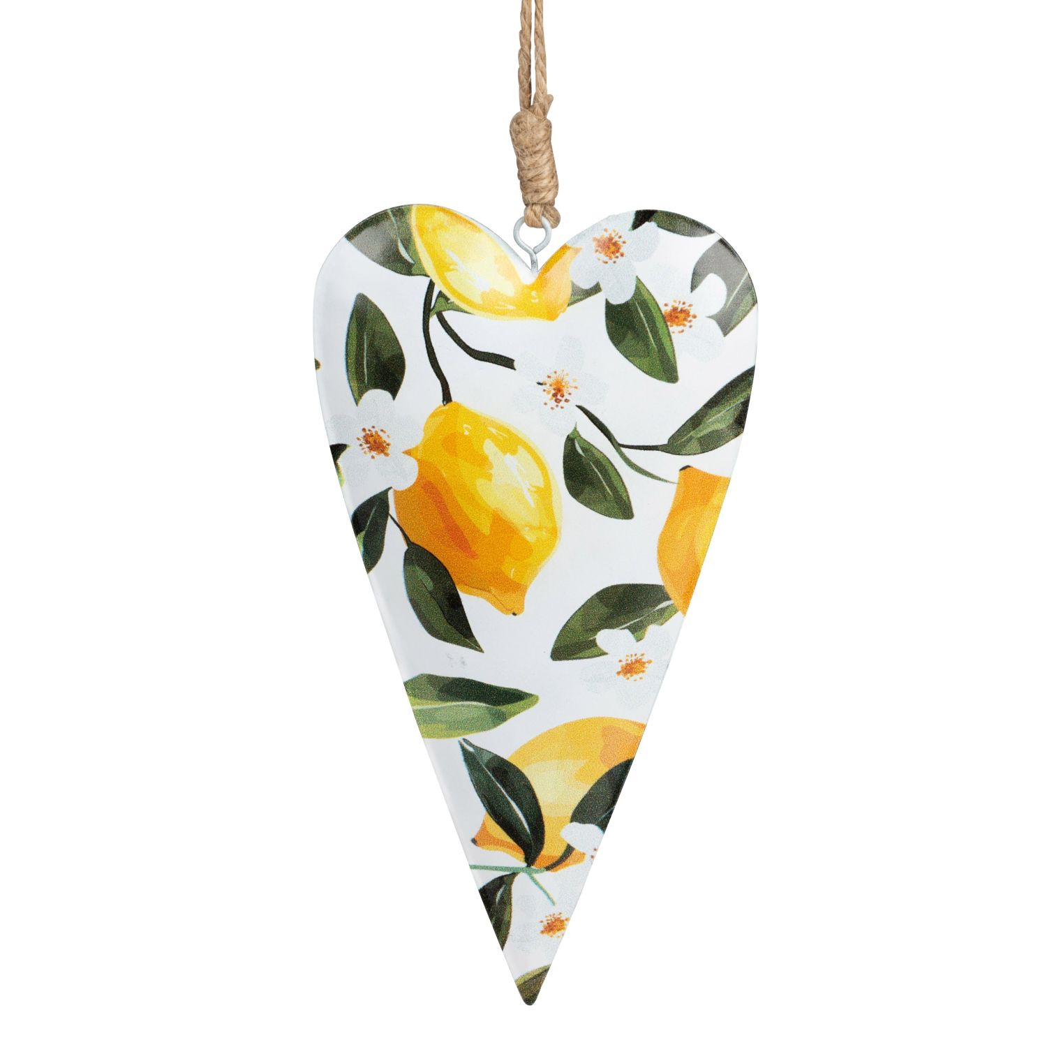 Herzförmiger Anhänger mit Zitronen und Blüten auf weißem Hintergrund