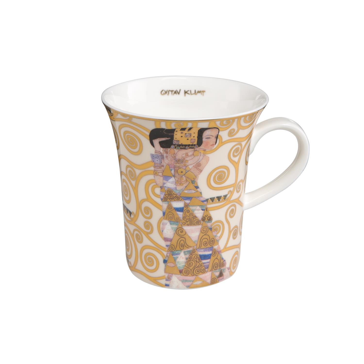 Weißer Kaffeebecher mit goldenen und bunten Mustern, zeigt eine stilisierte Figur und geschwungene Linien. Oben mit "Gustav Klimt" beschriftet.