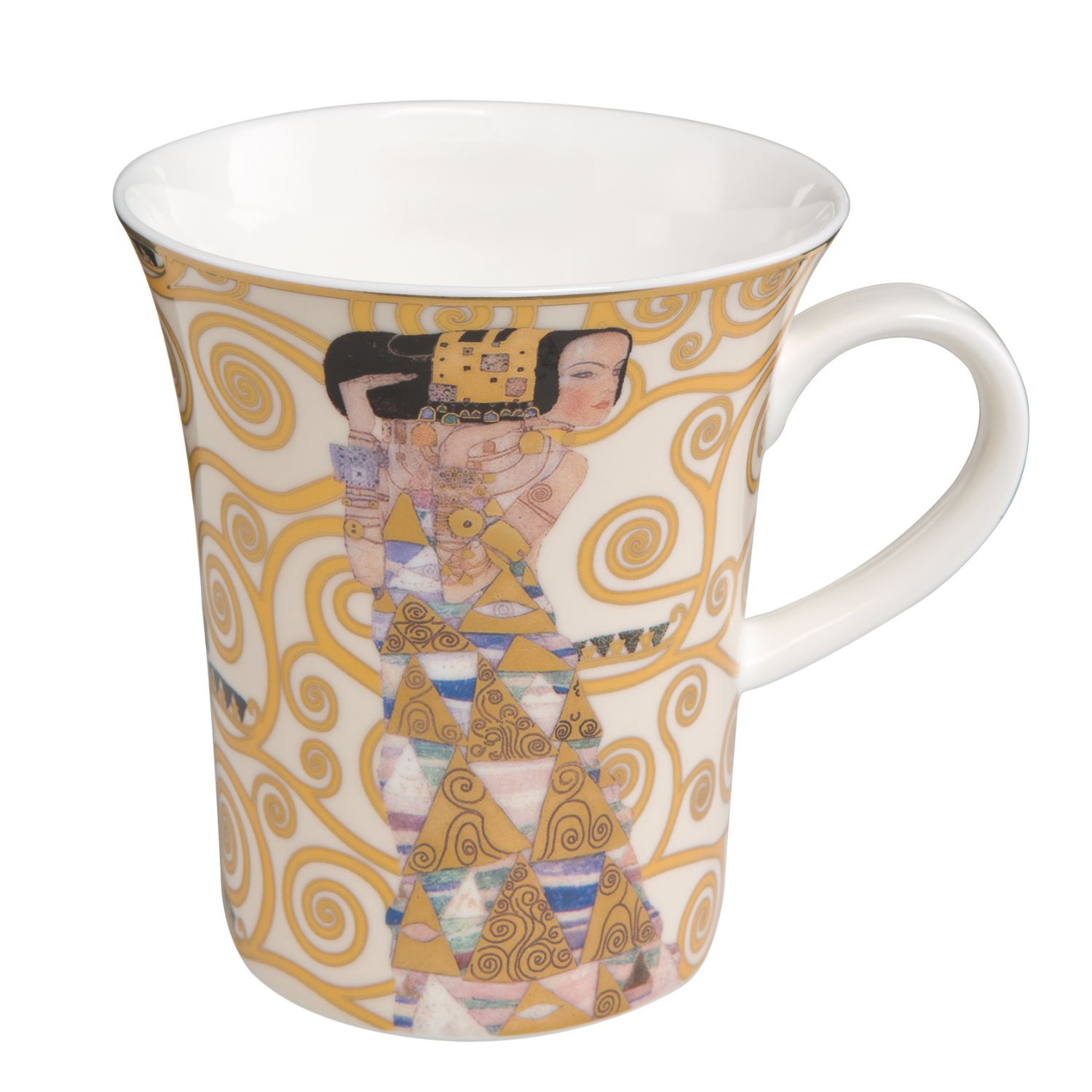 Weißer Becher mit goldenen Ranken und abstrakter Figur mit Motiv Die Erwartung von Gustav Klimt