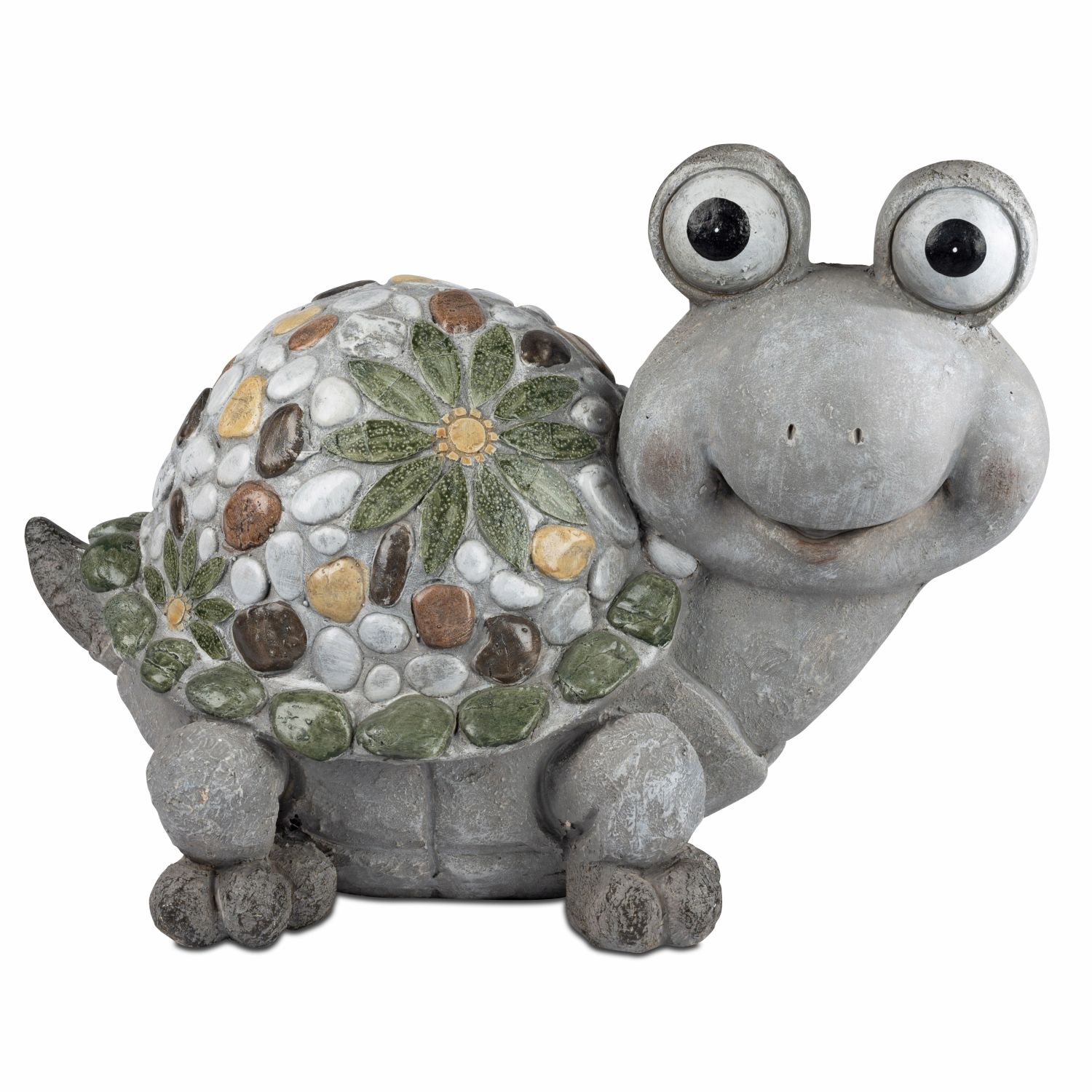 Lächelnde Schildkrötenfigur mit großen Augen und Mosaikpanzer aus bunten Steinen