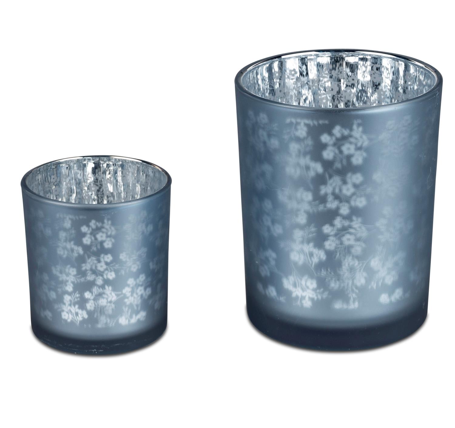 2er Set Teelichthalter Windlichter FLOWERS 8 + 12cm blau silber Glas von FORMANO
