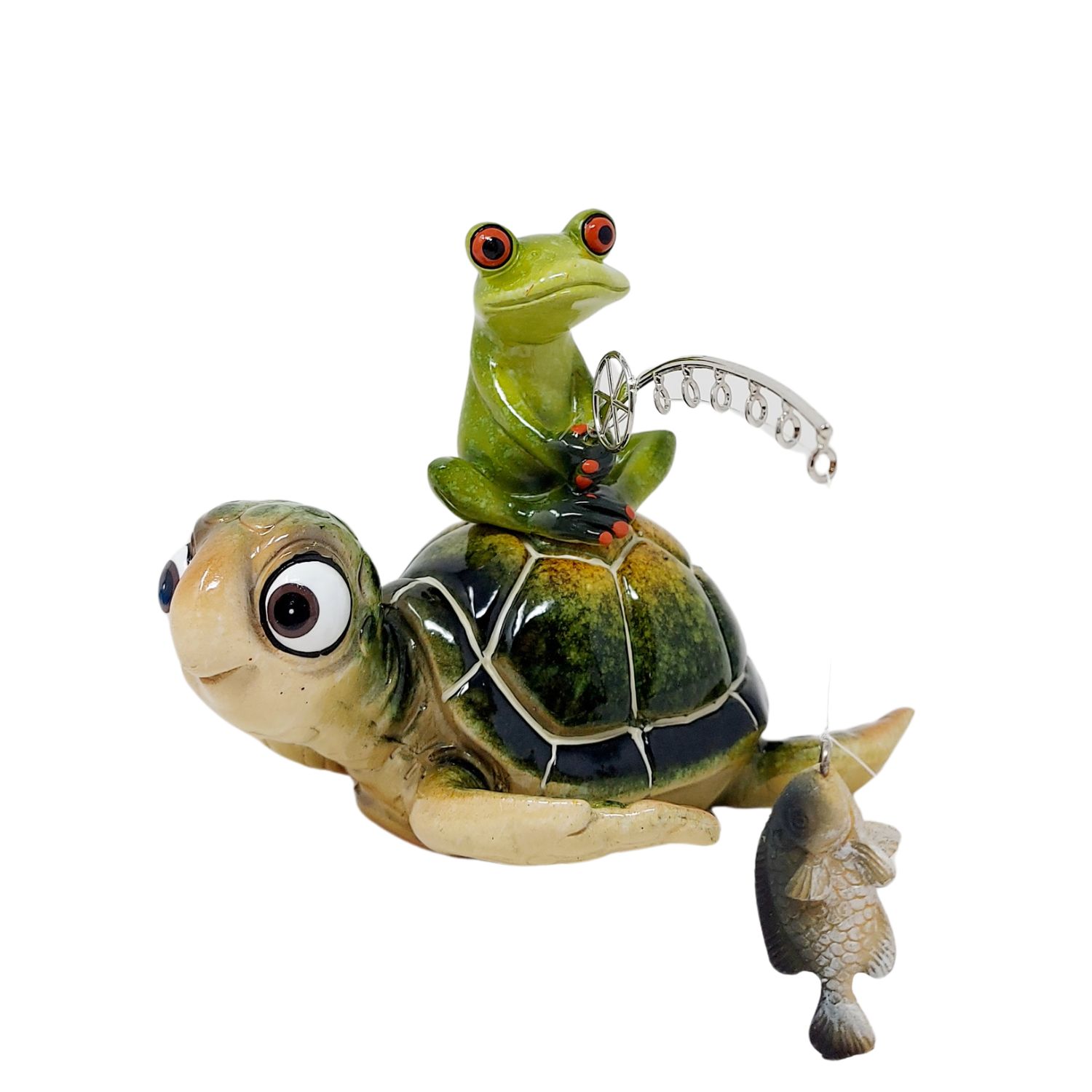 Grüner Frosch mit Angel und Fisch sitzt auf einer grünen Schildkröte