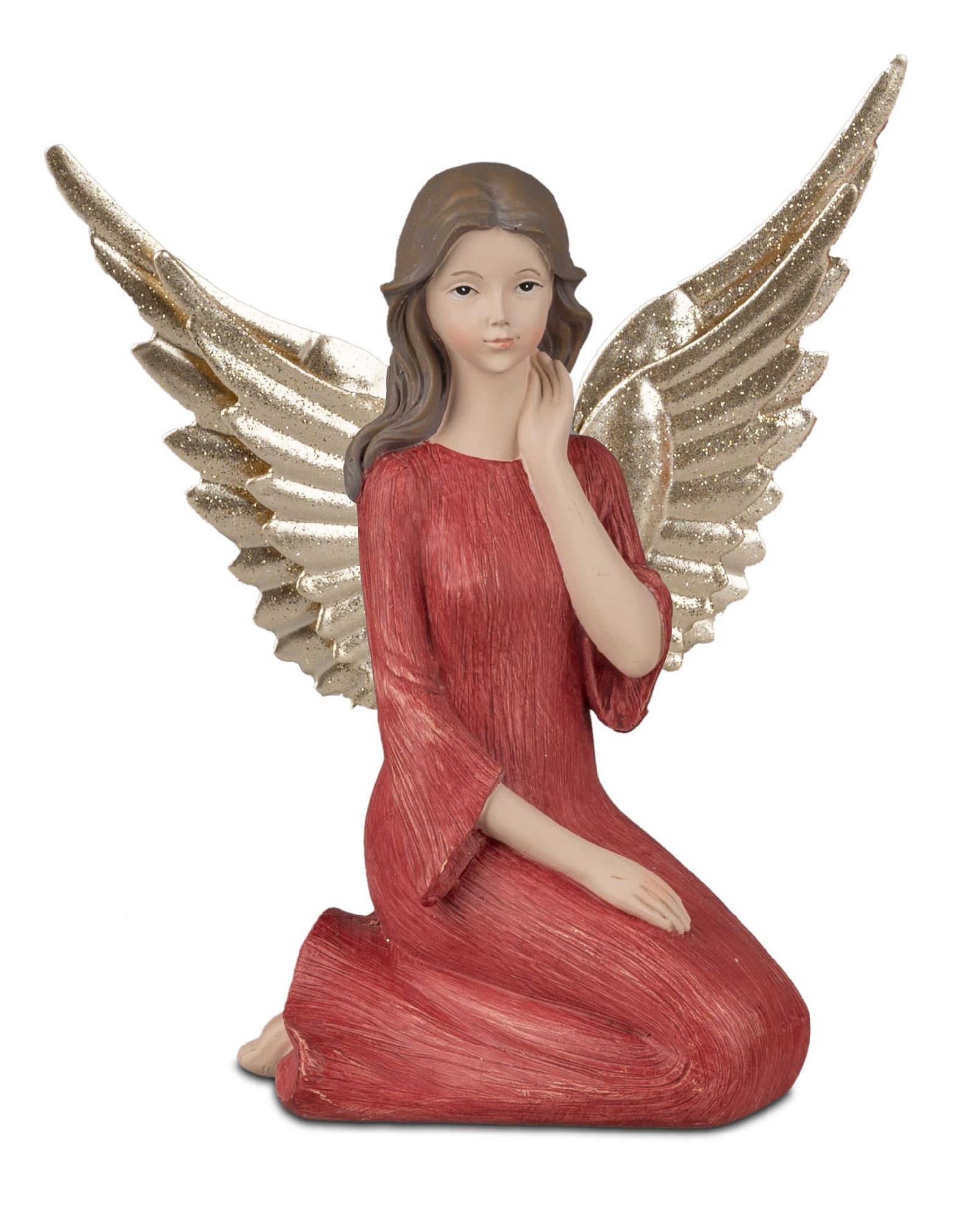 Eine kniende Figur eines Engels mit langen, glatten Haaren und goldenen Flügeln, gekleidet in ein ro