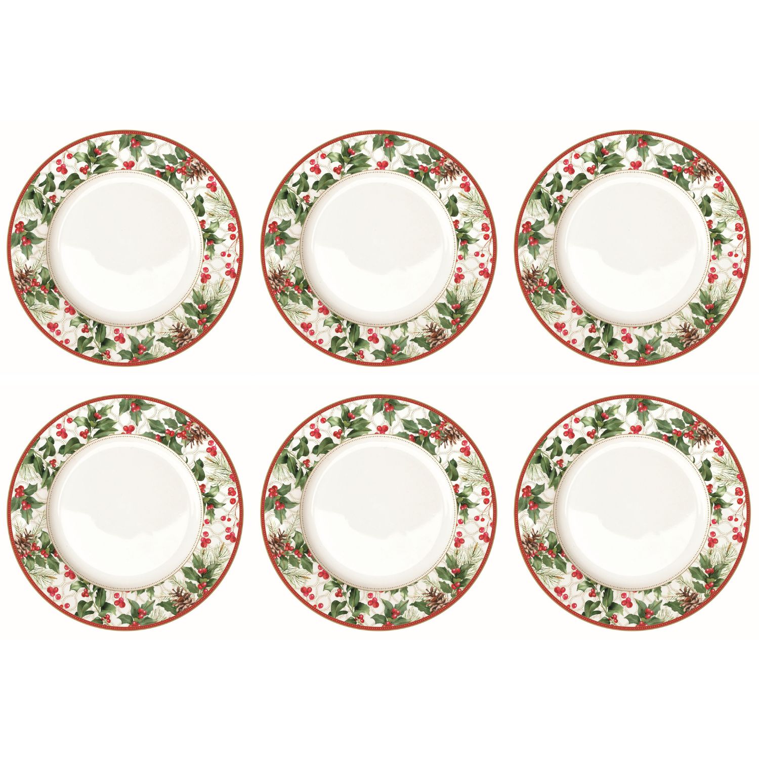 6 weiße Speiseteller mit Ilex Blättern und roten Beeren am Rand
