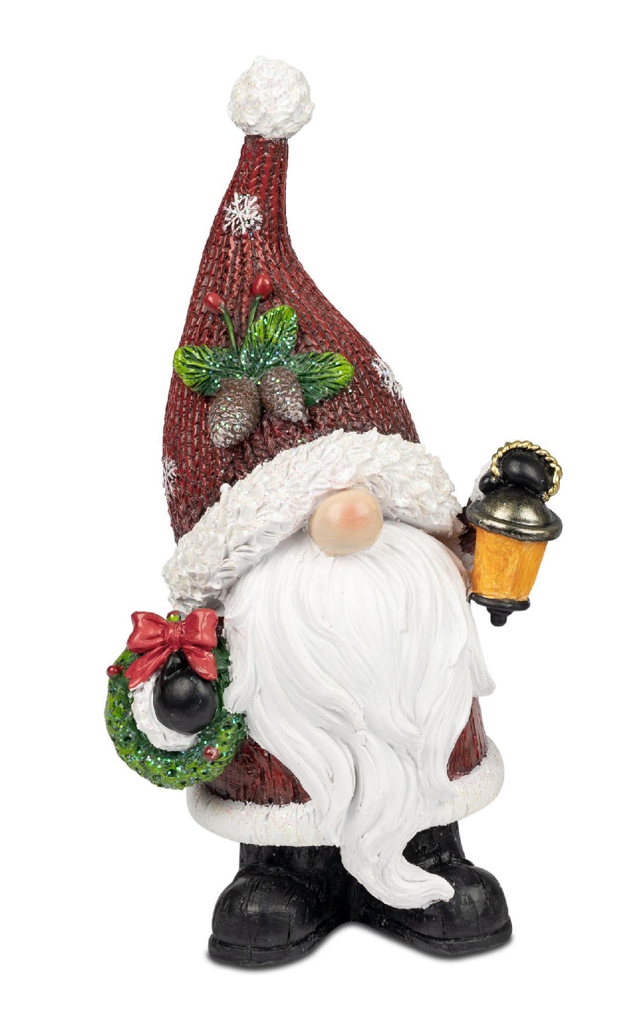 Dekorative Figur eines Weihnachtsmanns mit rotem Hut, weißem Bart, Laterne und Kranz in der Hand.